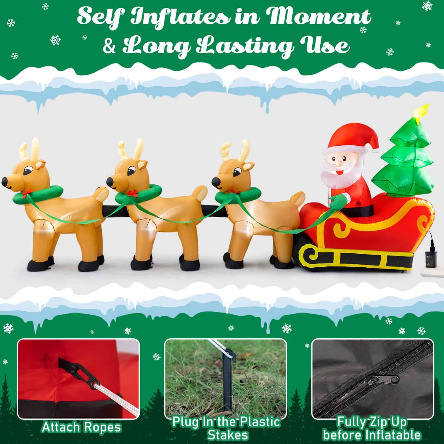 Cheringdful Outdoor Christmas Decorations,13 FT Lighted Christmas Inflatables Santa Claus on Sleigh with 3 Reindeer & Christmas Tree