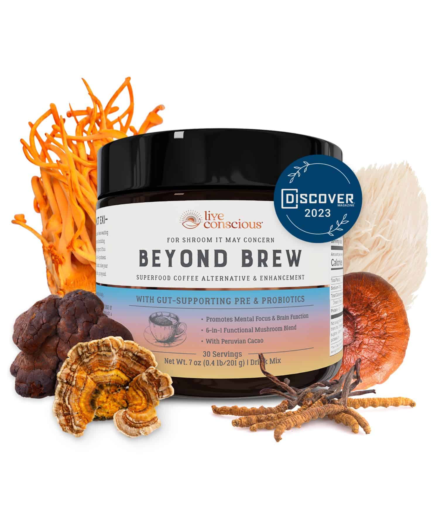 Live Conscious Beyond Brew Mushroom Superfood Coffee, 30 Servings Net Wt. 7 oz (0.4 lb/201g)