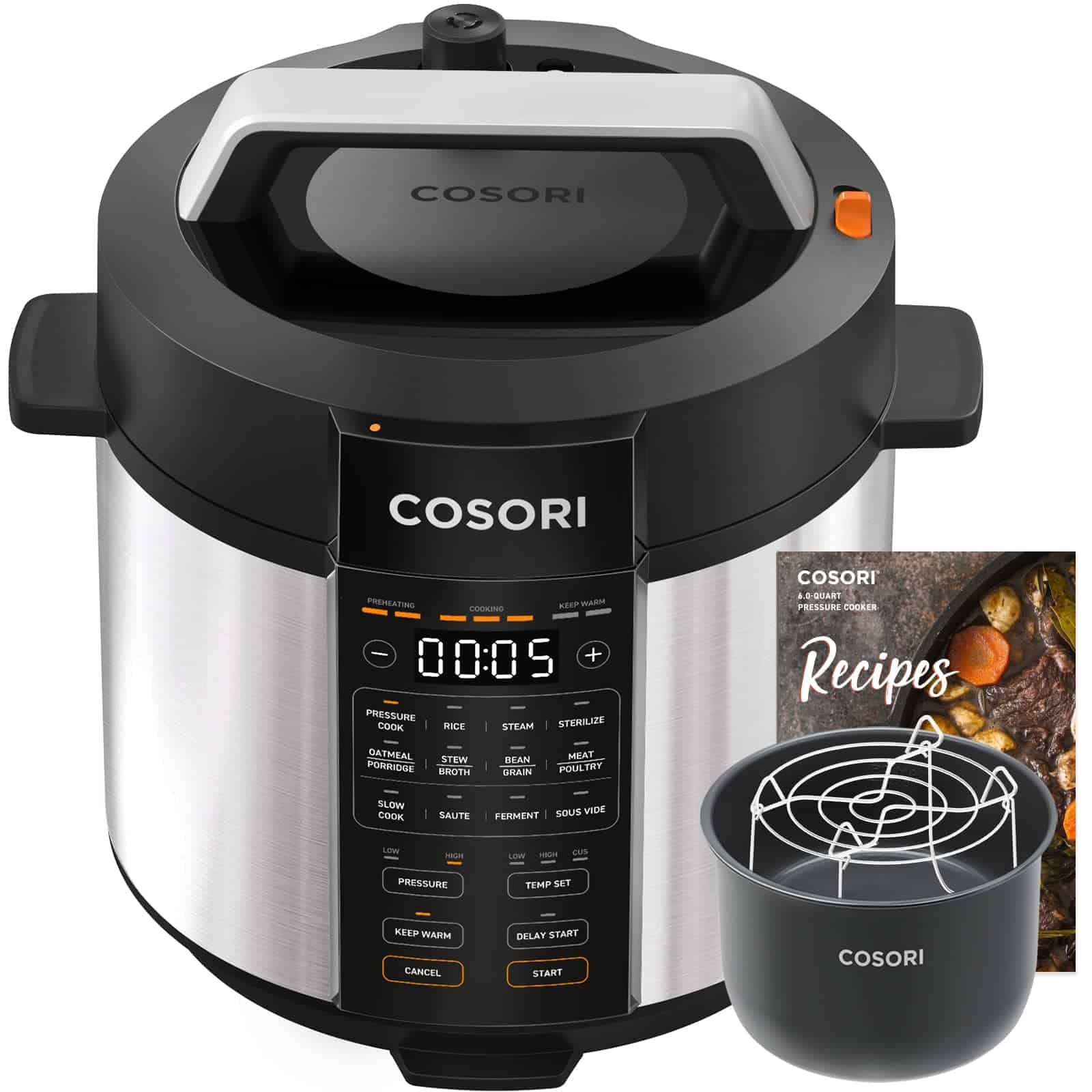 COSORI Electric Pressure Cooker 6 qt, 9-in-1 Instant Multi Cooker with Safer Venting Design, 1100W, Stainless Steel