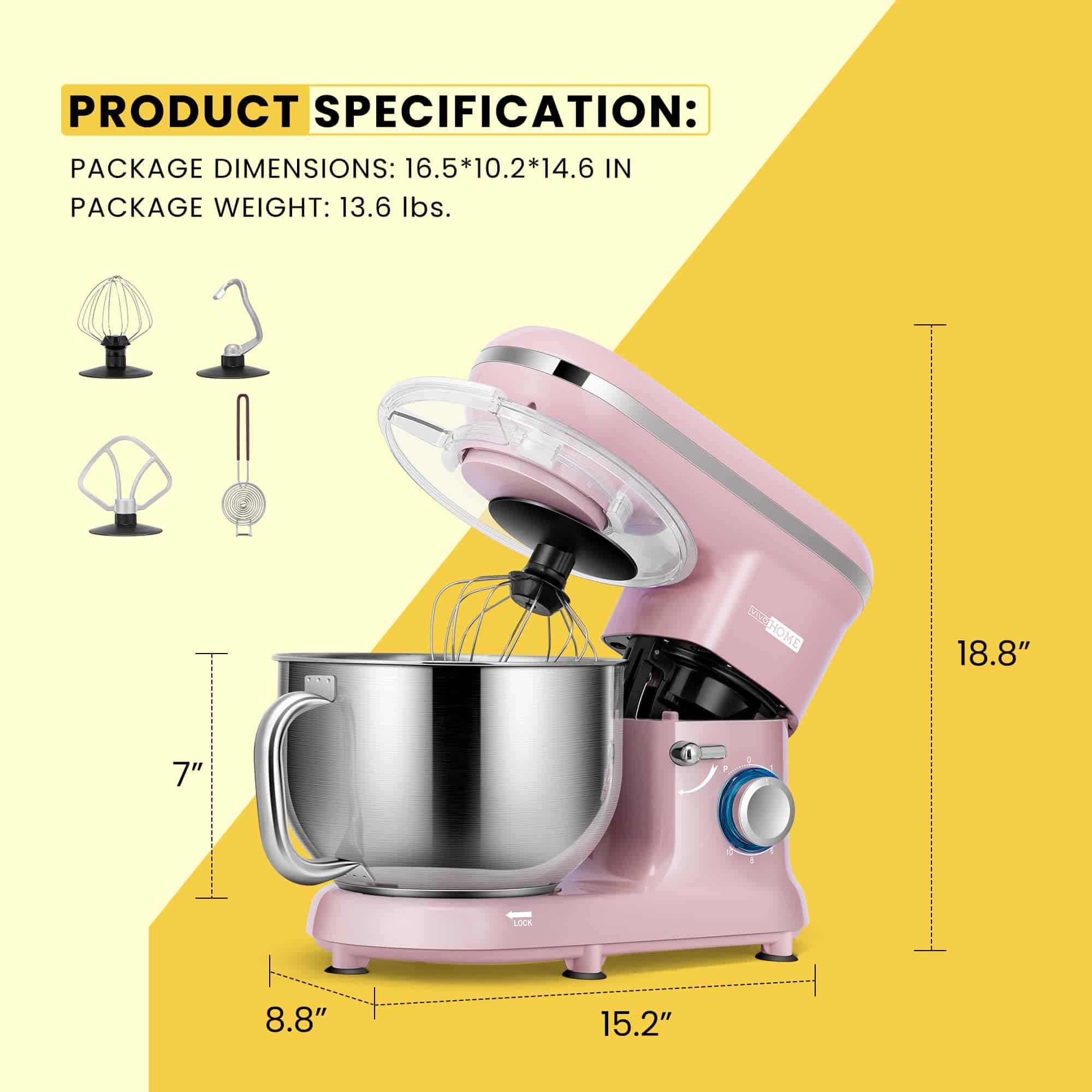 VIVOHOME Stand Mixer, 660W 10 Speed 6 Quart Tilt-Head Kitchen Electric Food Mixer, Pink