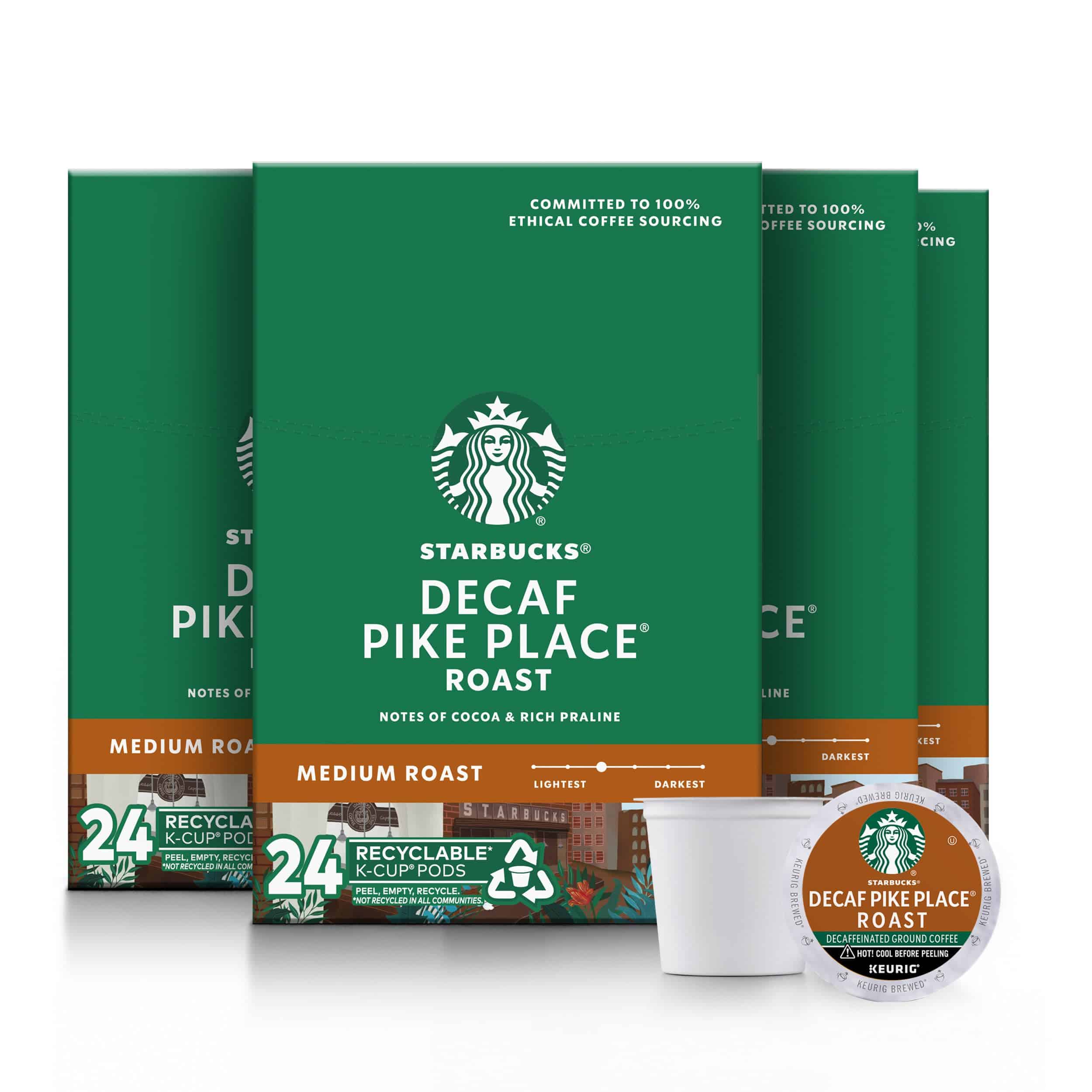 Starbucks K-Cup Coffee Pods, Medium Roast Coffee, Decaf Pike Place Roast, 100% Arabica, 4 boxes (96 pods total)
