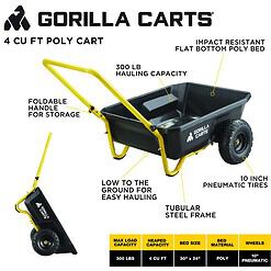 Gorilla Carts GCR-4 Poly Dump Cart, 2-Wheel Garden Wagon with Foldable Handle, 4 cu ft, 300 lb. Capacity, Black/Yellow