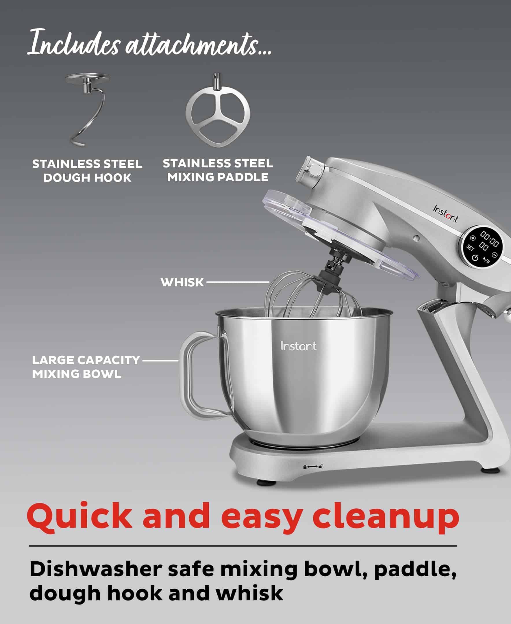 Instant Pot Stand Mixer Pro, 600W 10-Speed Electric Mixer with Digital Interface, 7.4-Qt Stainless Steel Bowl, Silver