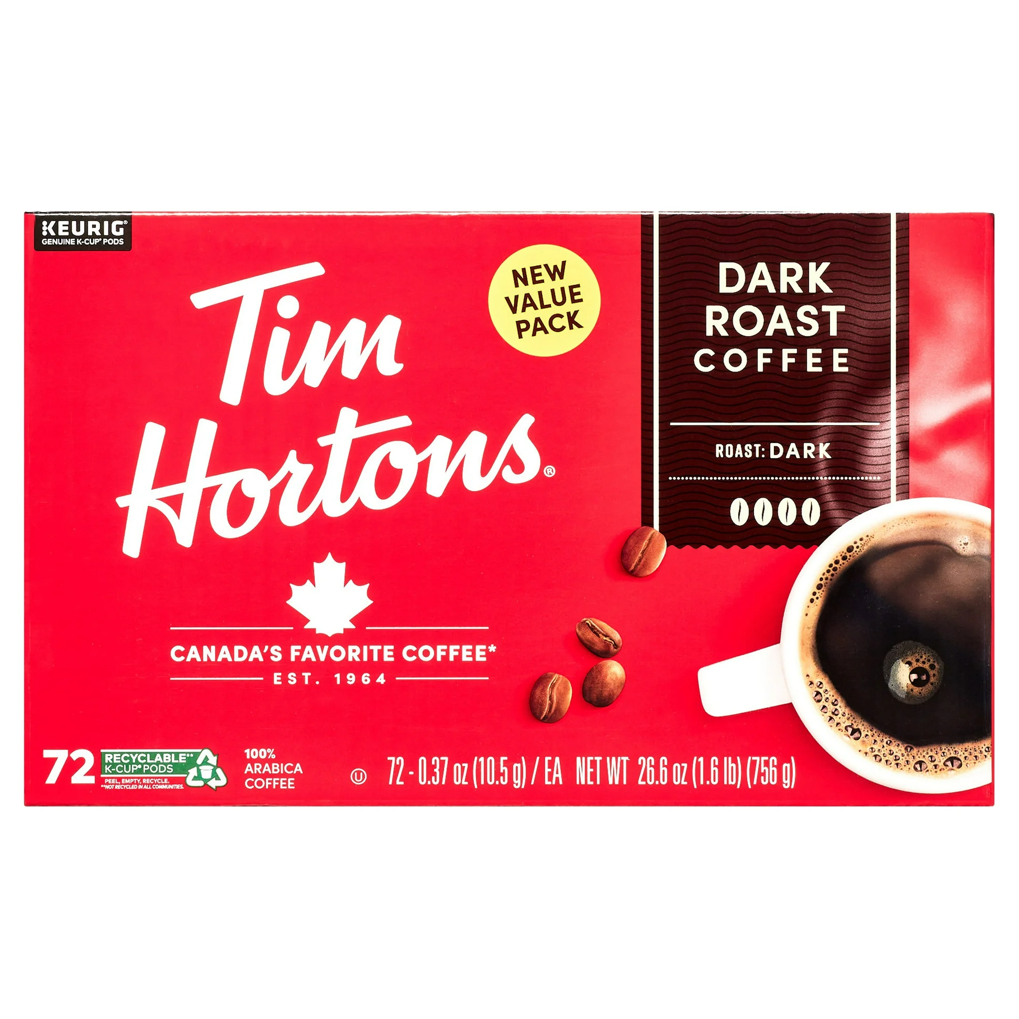 Tim Hortons Dark Roast K-Cup Coffee Pods for Keurig Brewers, Recyclable, 72 Ct