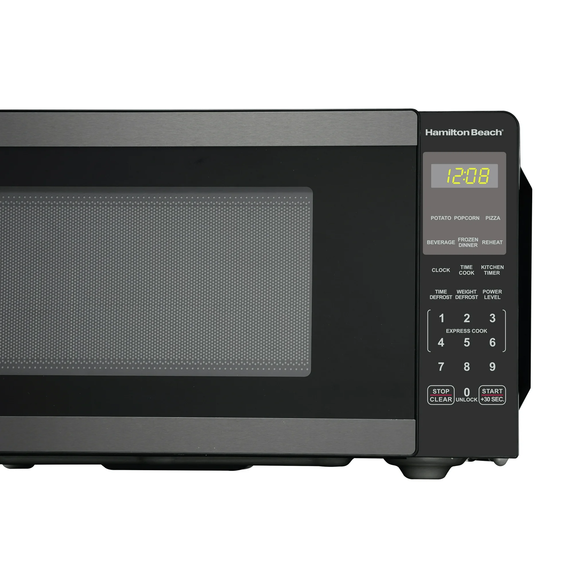 Hamilton Beach 0.9 Cu ft Countertop Microwave Oven, 900 Watts, Black Stainless Steel, New