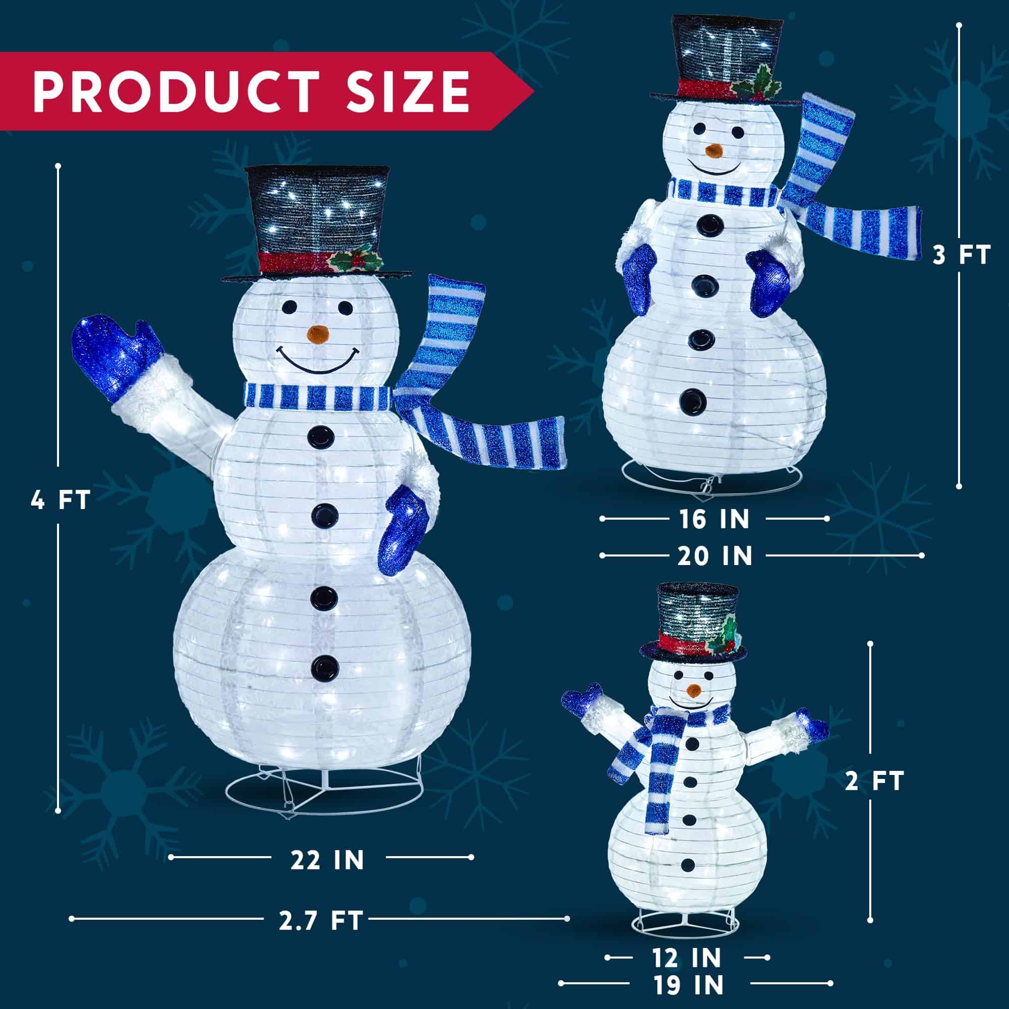 JOIEDOMI 3 Pcs 3D Christmas Collapsible Snowman Yard Light 270 Pre-Lit LED Cool White Lights for Indoor Outdoor Garden Holiday Décor