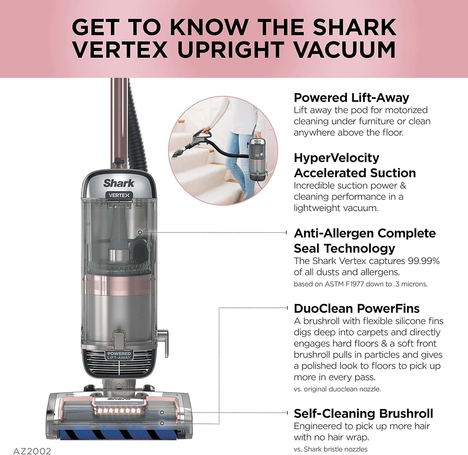 Shark AZ2002 Vertex Powered Lift-Away Upright Vacuum, Silver/Rose Gold