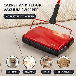 Casabella Electrostatic Floor And Carpet Sweeper, Non-Electric Vacuum Broom and Hand Push Floor Sweeper, Red