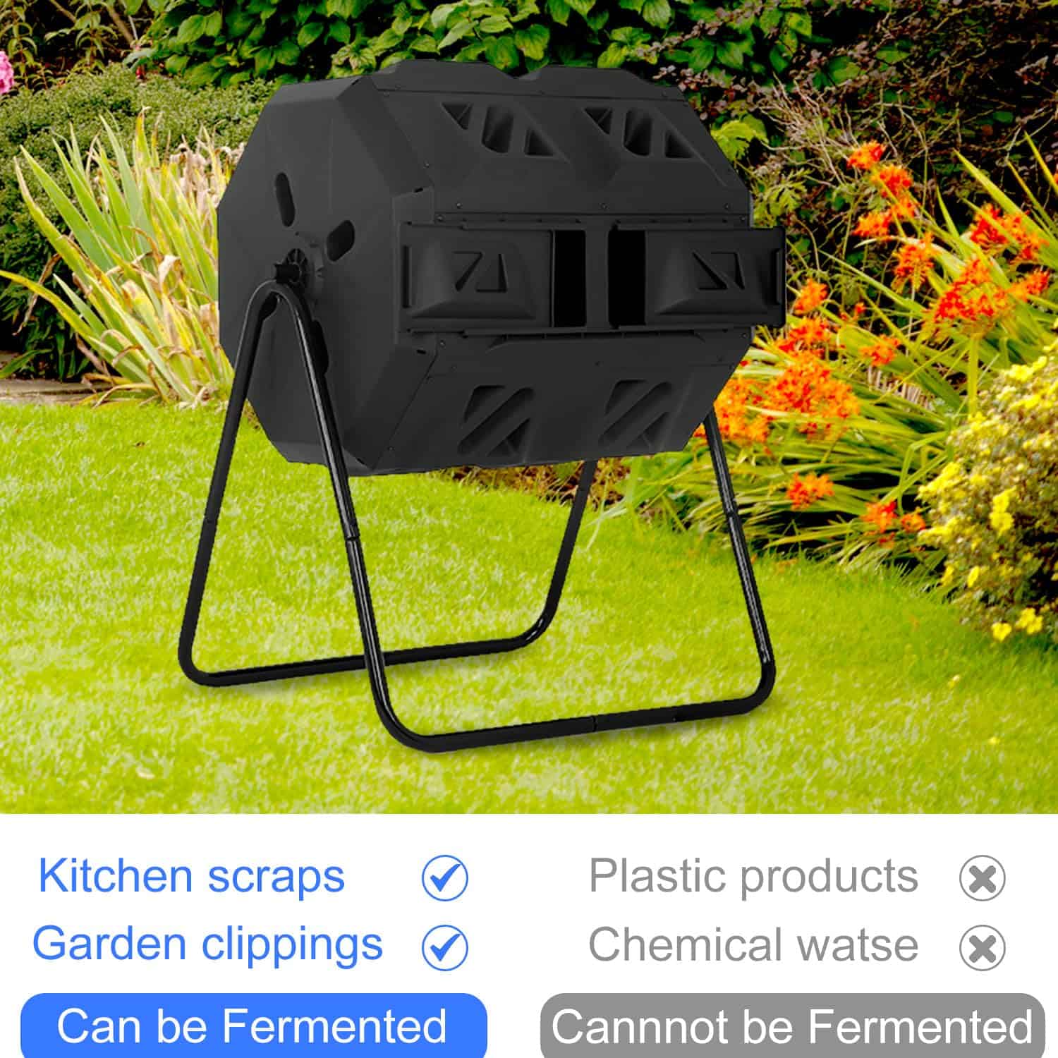 FDW Outdoor Compost Bin, 43 Gallon Dual Chamber Tumbling Composting Bin with Sliding Doors