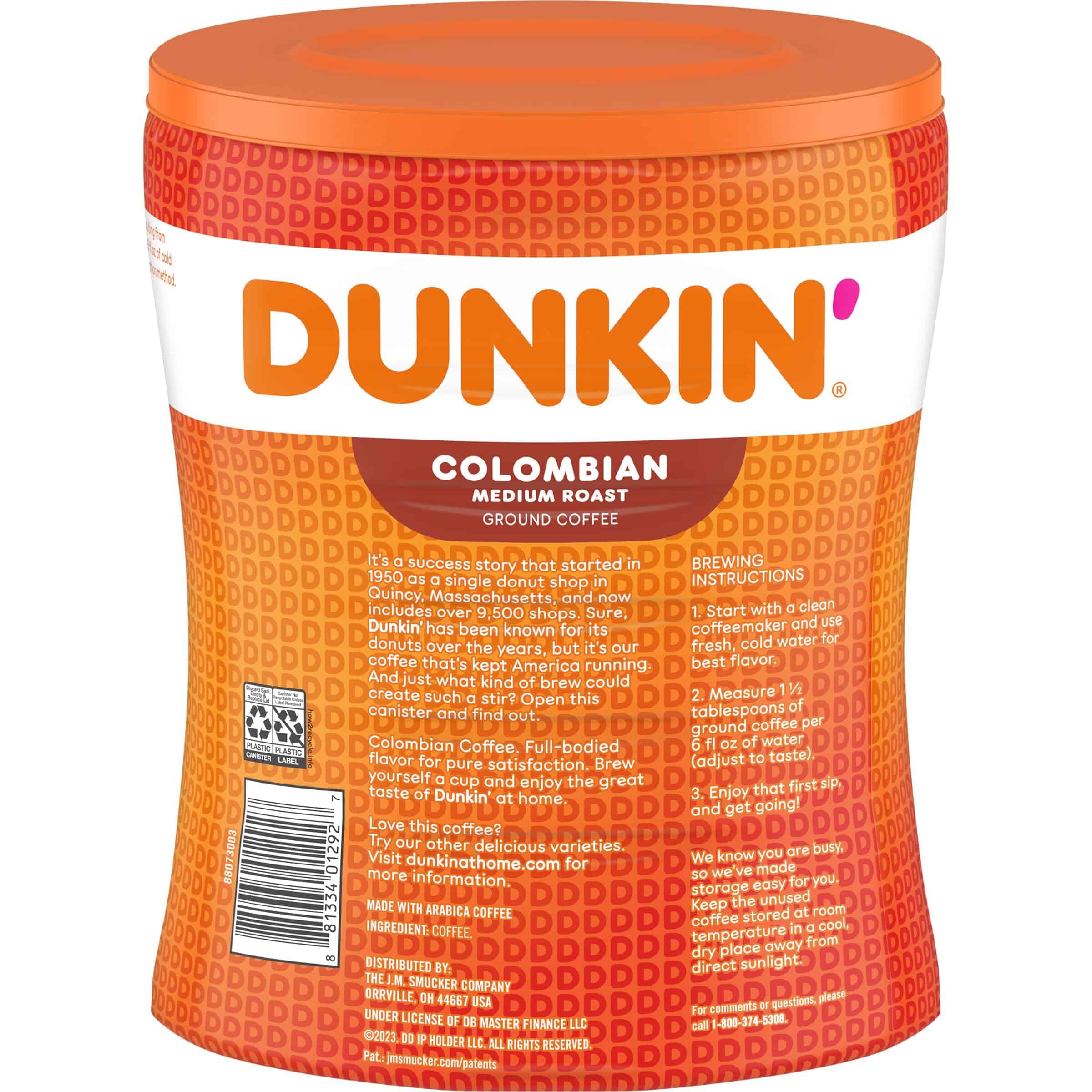 Dunkin' Colombian Medium Roast Ground Coffee, 27.5 Ounce (Pack of 4)
