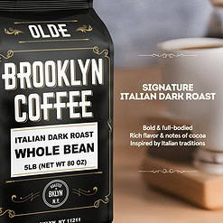 BROOKLYN COFFEE Whole Bean, Italian Dark Roast (5lb) Extra Strong, Delicious Taste, Heavenly Aroma