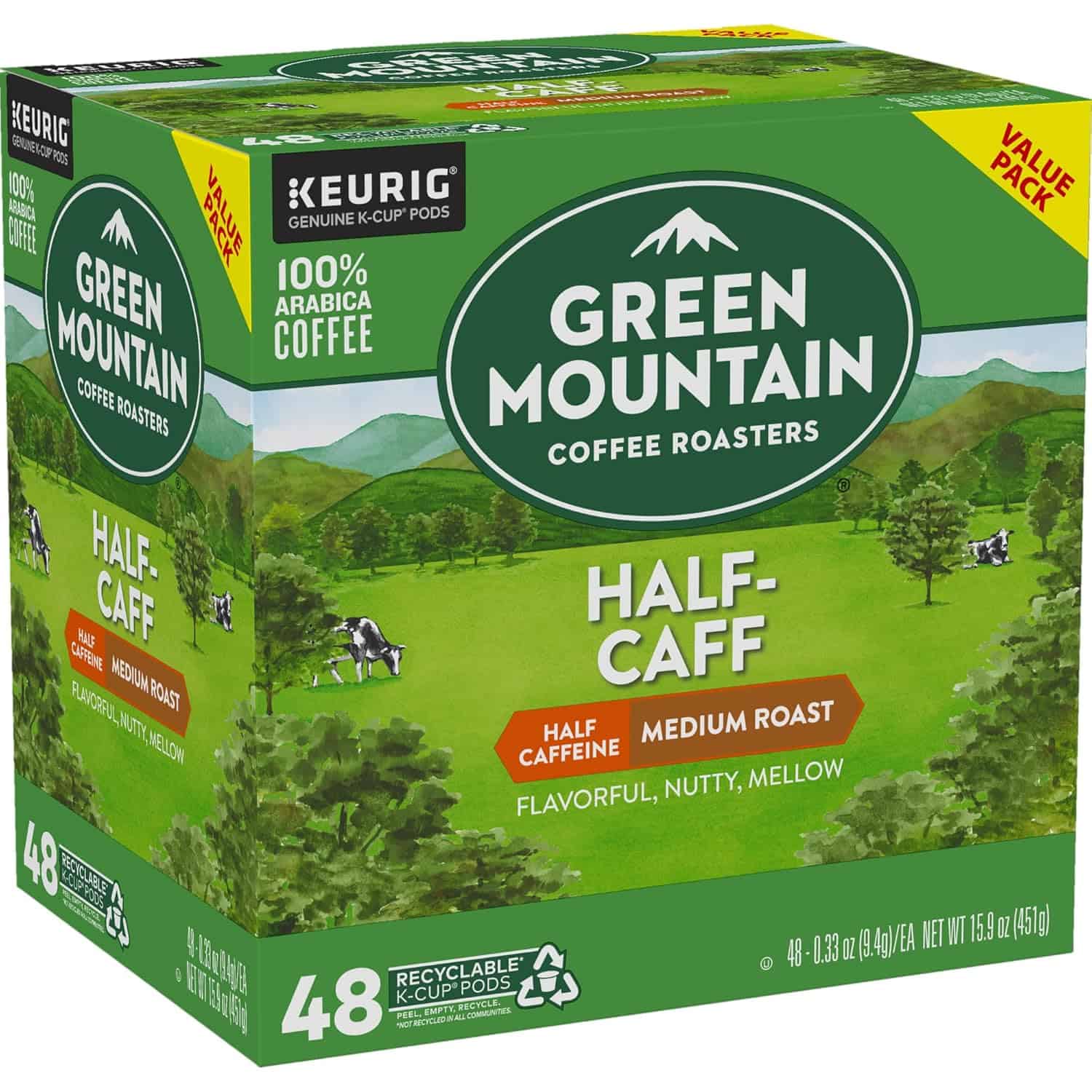 Green Mountain Coffee Roasters Half Caff, Single-Serve Keurig K-Cup Pods, Medium Roast Coffee Pods, 48 Count