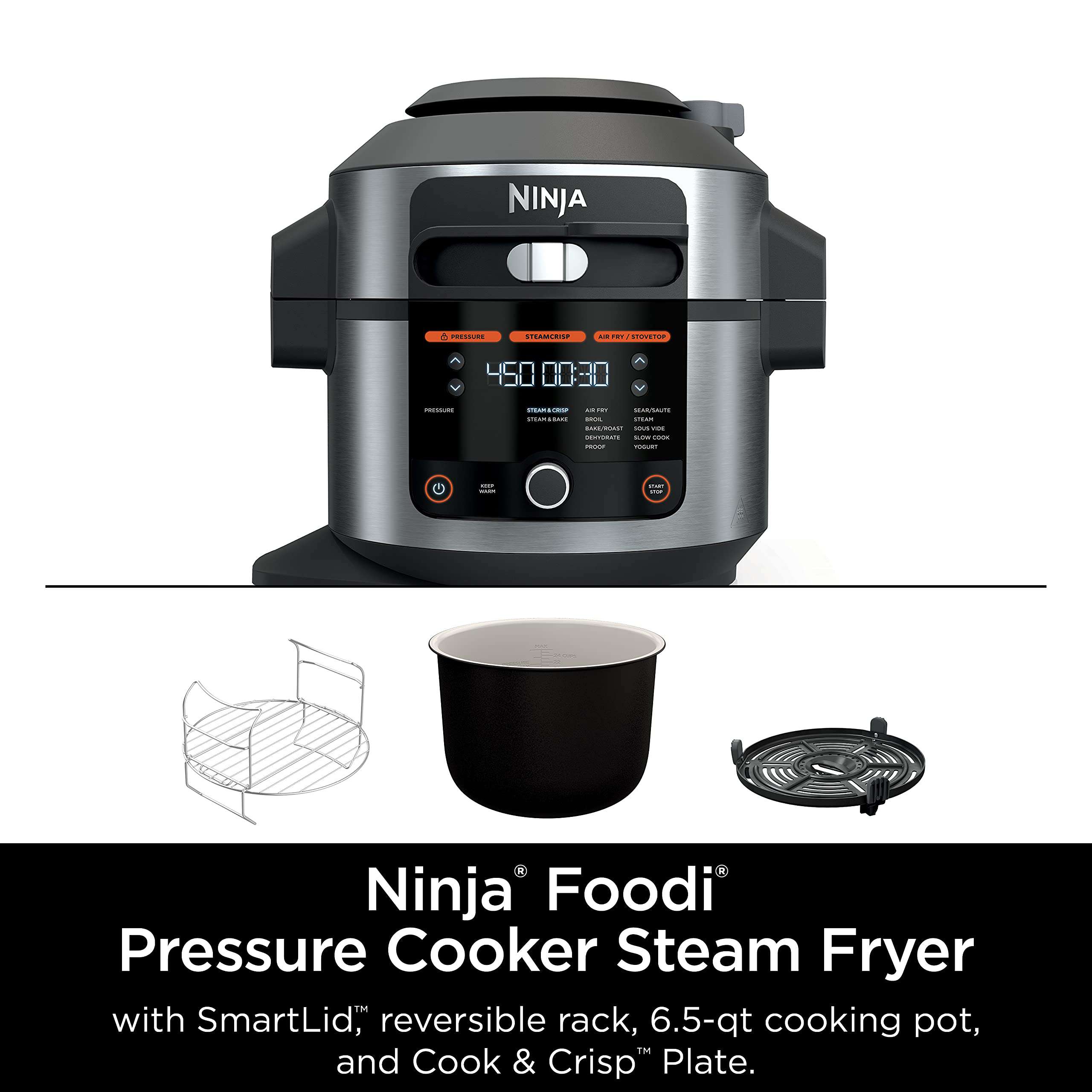 Ninja OL500 Foodi 6.5 Qt. 14-in-1 Pressure Cooker Steam Fryer with SmartLid, Silver/Black