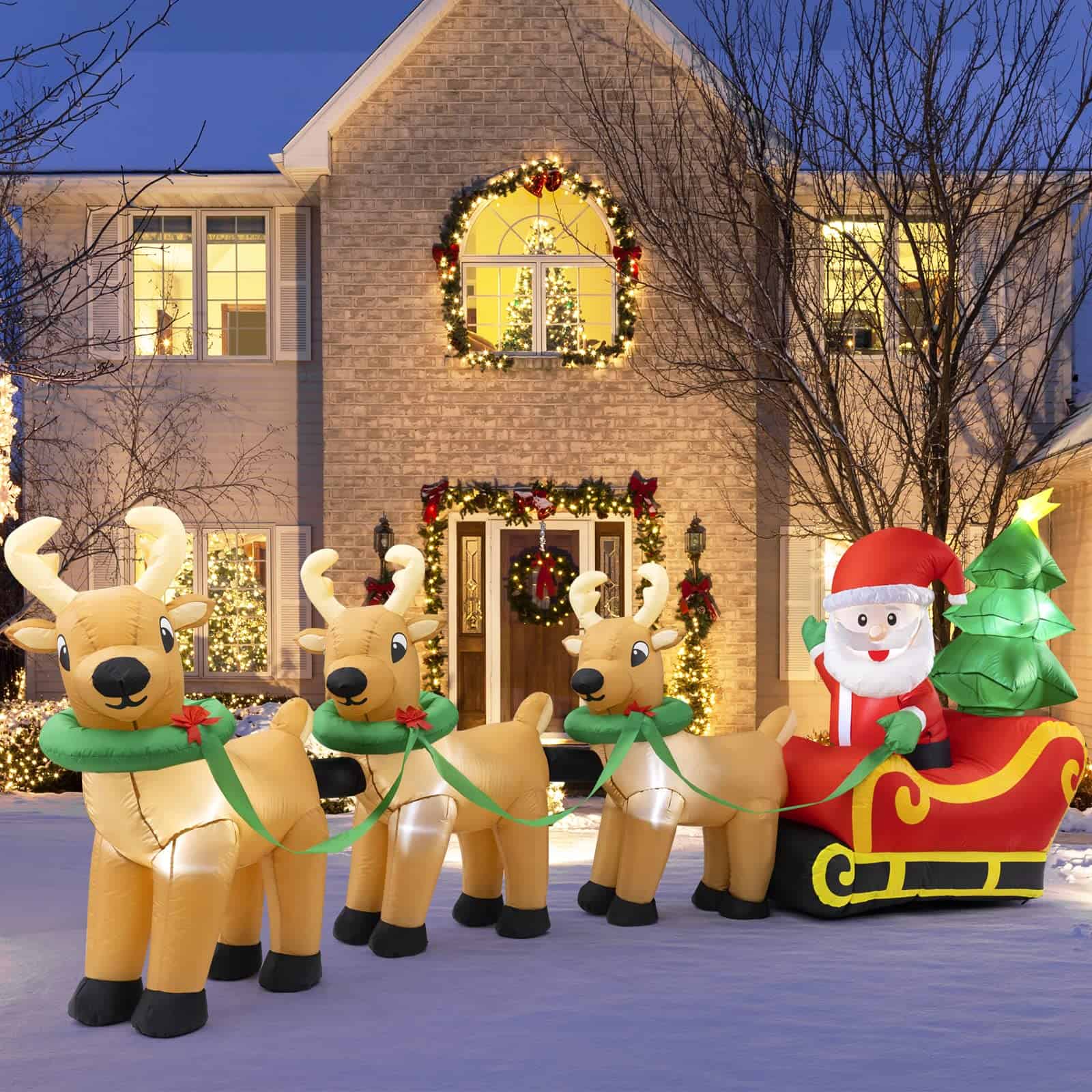 Cheringdful Outdoor Christmas Decorations,13 FT Lighted Christmas Inflatables Santa Claus on Sleigh with 3 Reindeer & Christmas Tree