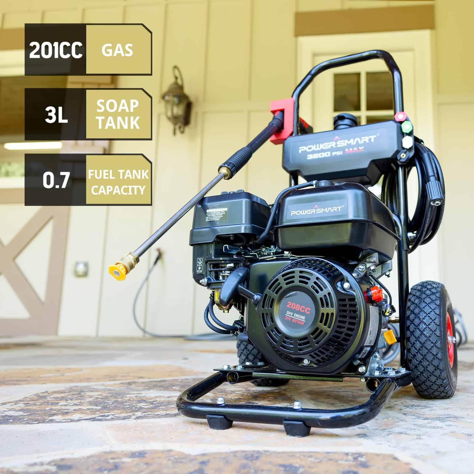 PowserSmart Gas Pressure Washer 3200 PSI, 2.5 GPM with Soap Tank, Metal Spray Wand, 5 Nozzles for House, Driveways (DB1051)