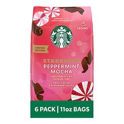 Starbucks Ground Coffee, Peppermint Mocha Naturally Flavored Coffee, Limited Edition Holiday Coffee, 6 Bags (11 Oz Each)