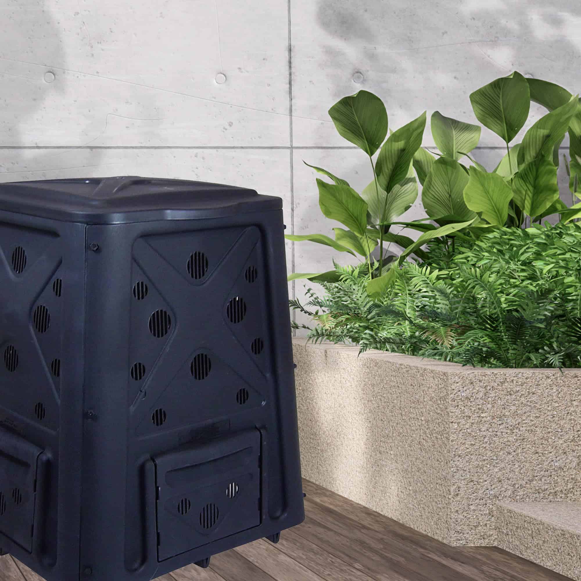 Redmon 65 Gallon Outdoor Compost Bin with Snapping Lift Off Lid, 4 Door Access, Black