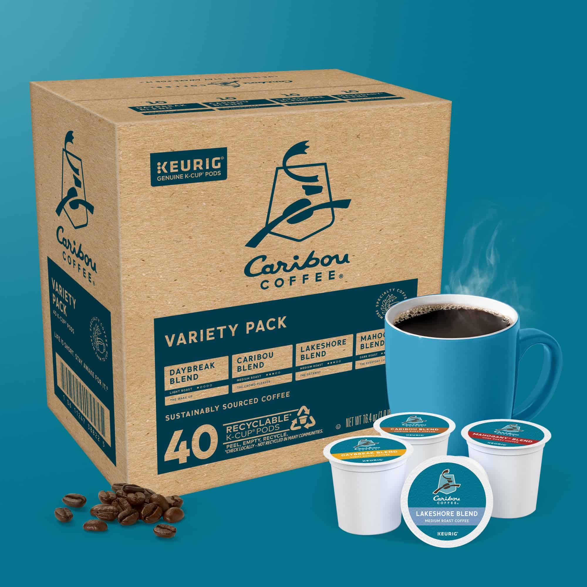 Caribou Coffee Single Serve Keurig K-Cup Pod Variety Pack, Light, Medium, and Dark Roast Coffees, 40-Count Box