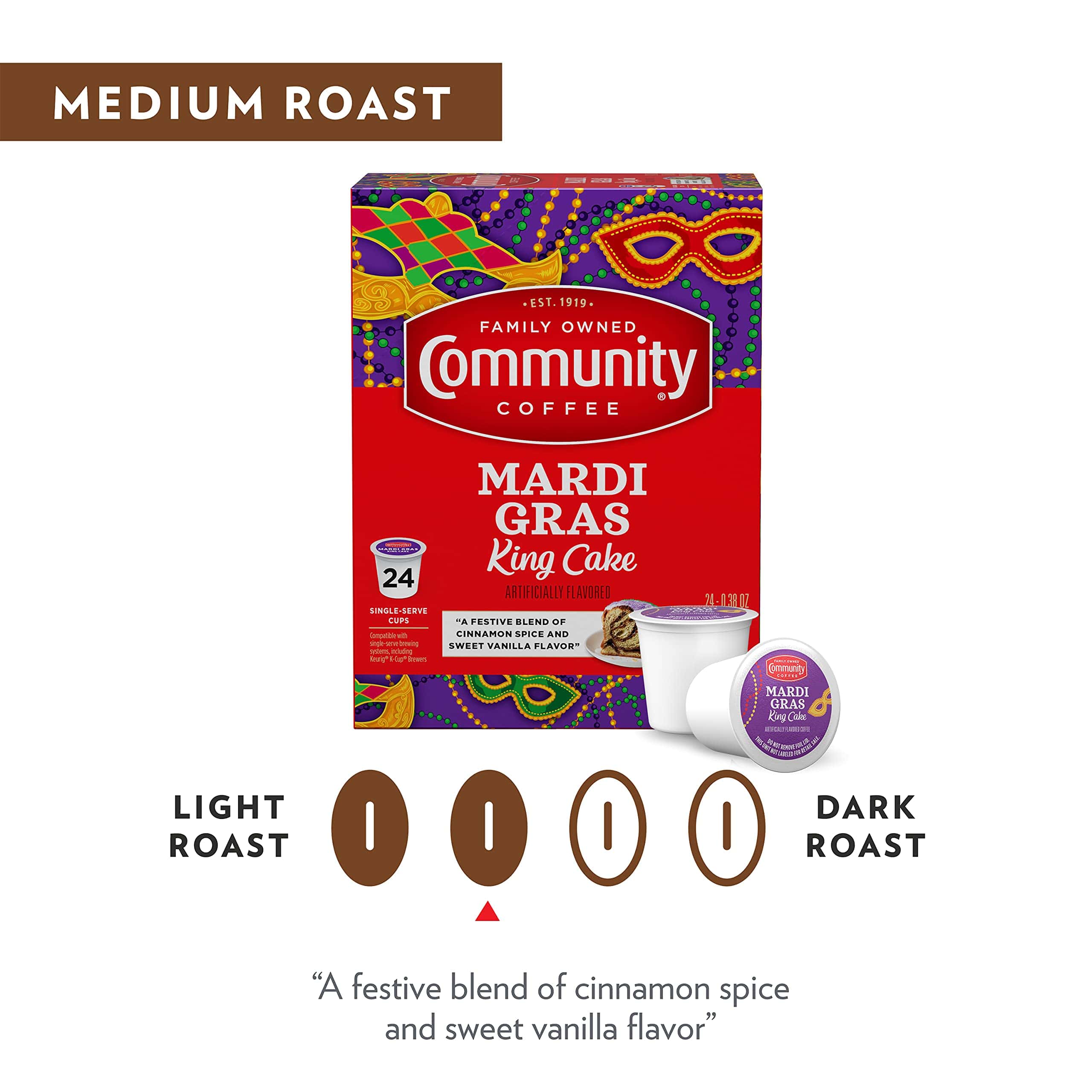 Community Coffee Mardi Gras King Cake Flavored 36 Count Coffee Pods, Medium Roast, 12 Count (Pack of 3)