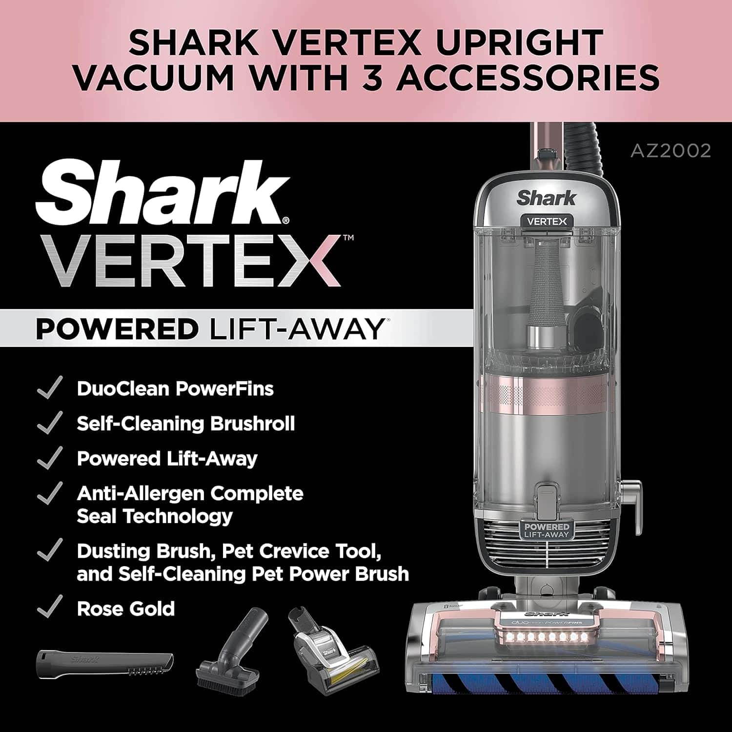 Shark AZ2002 Vertex Powered Lift-Away Upright Vacuum, Silver/Rose Gold
