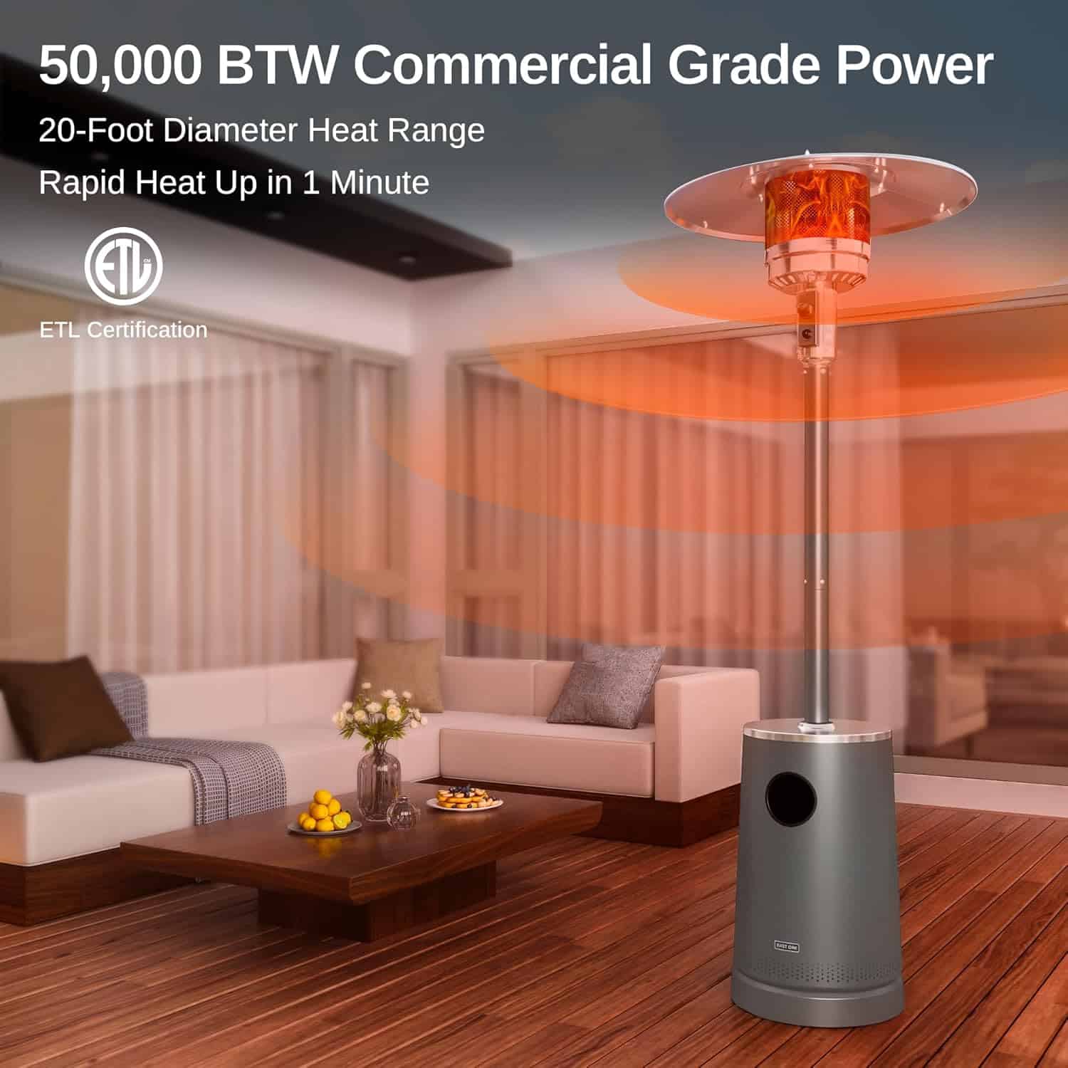 EAST OAK 50,000 BTU Patio Heater with Sand Box, Table Design, Double-Layer Stainless Steel Burner, Wheels, Triple Protection System, Gray