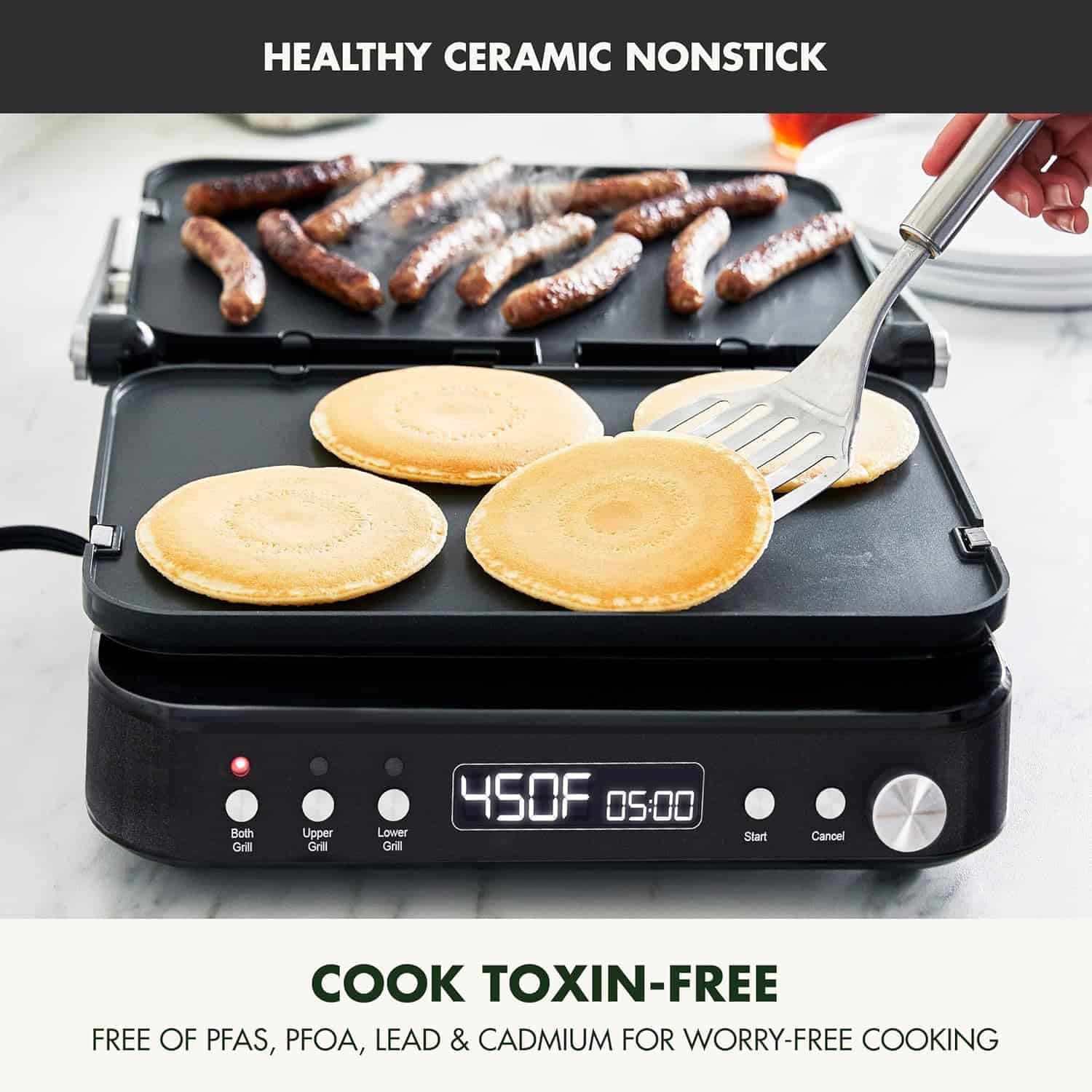 GreenPan 6-in-1 Multifunction Contact Grill & Griddle, Healthy Ceramic Nonstick Reversible Grill & Griddle Plates, Matte Black