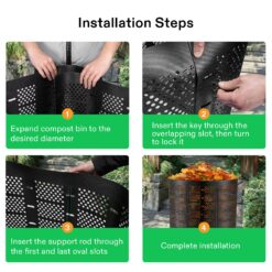 VIVOSUN 300 Gallon Outdoor Compost Bin, Expandable Composter (Black with Gloves)