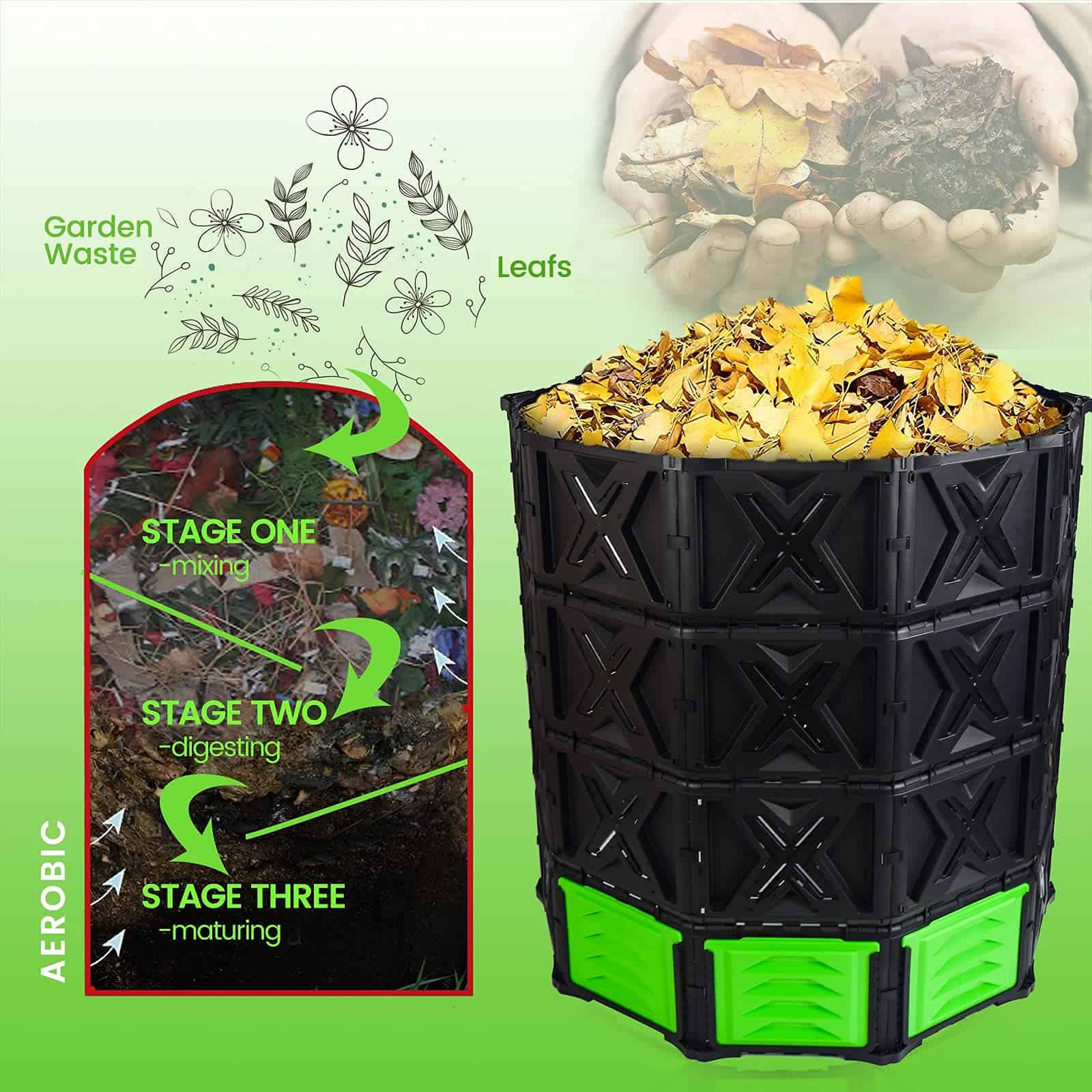 SQUEEZE master XXL Large Compost Bin Outdoor- 720L /190 Gallon-Easy Assembly-No Screws-Sturdy & Durable-Green Door