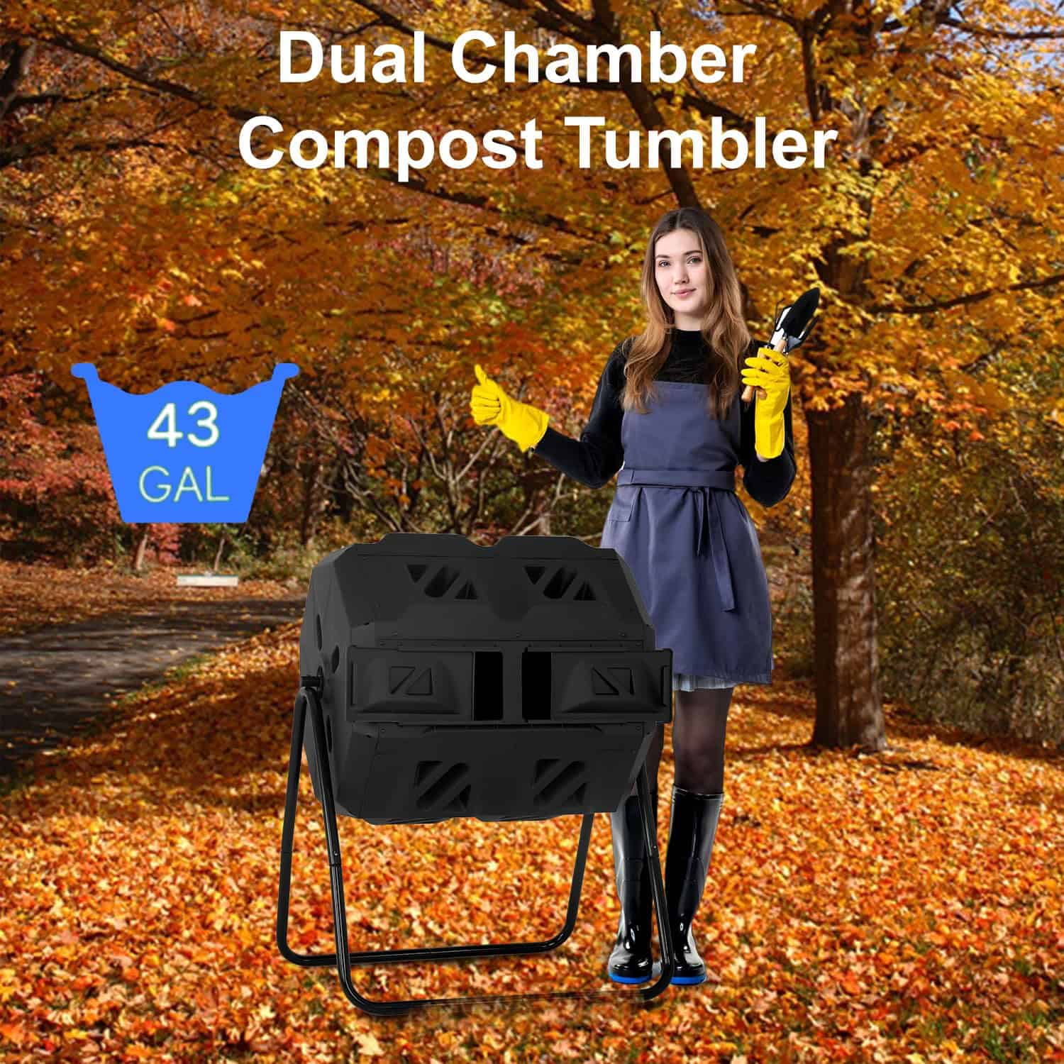FDW Outdoor Compost Bin, 43 Gallon Dual Chamber Tumbling Composting Bin with Sliding Doors