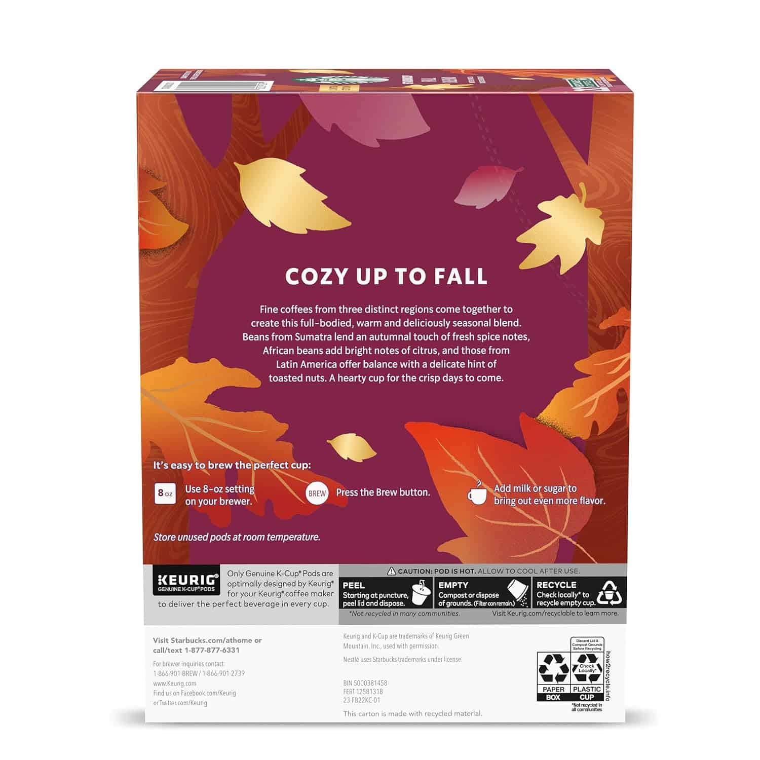 Starbucks K-Cup Coffee Pods, Medium Roast Coffee for Keurig Coffee Makers, Fall Blend, Limited Edition, 6 Boxes (60 Pods Total)