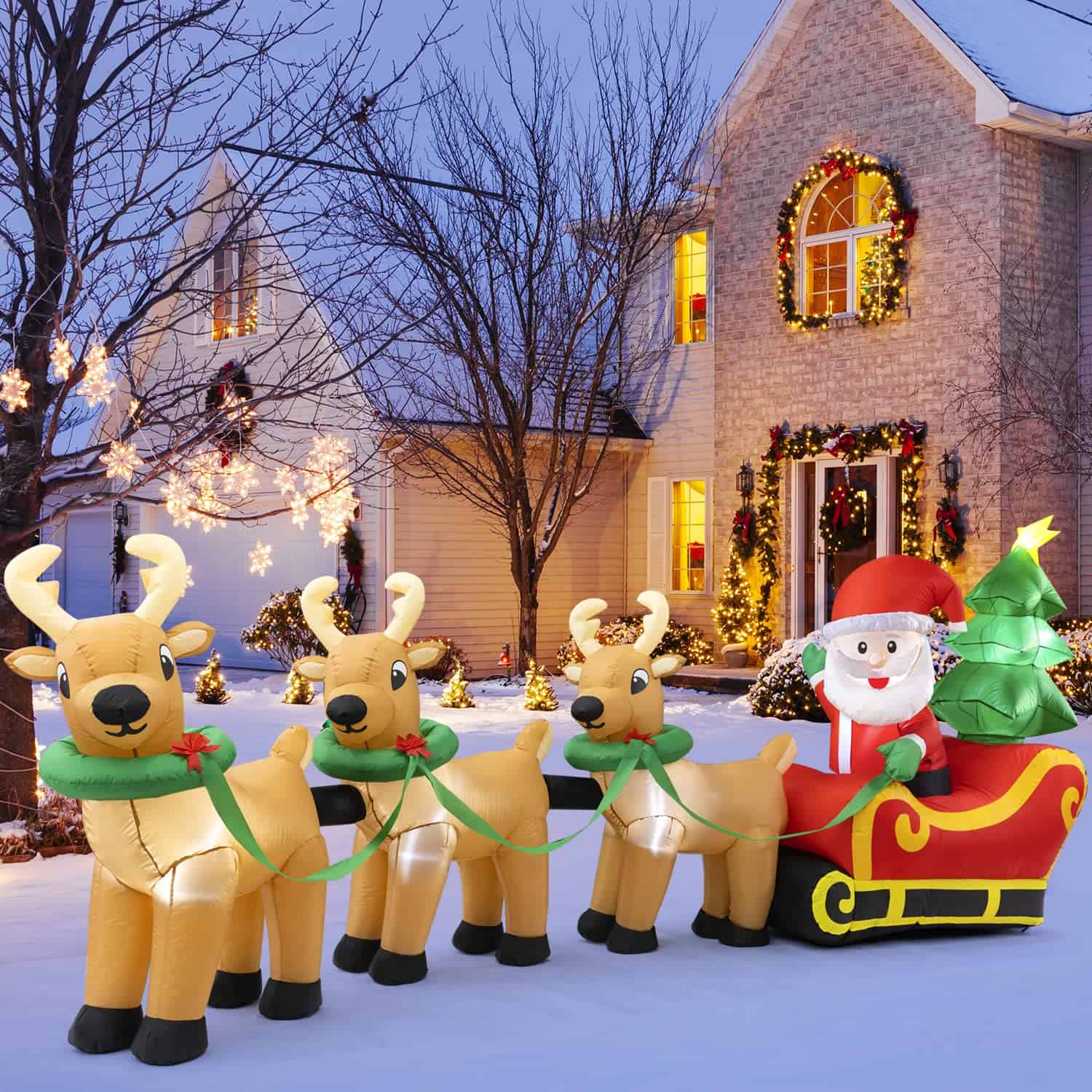 Cheringdful Outdoor Christmas Decorations,13 FT Lighted Christmas Inflatables Santa Claus on Sleigh with 3 Reindeer & Christmas Tree