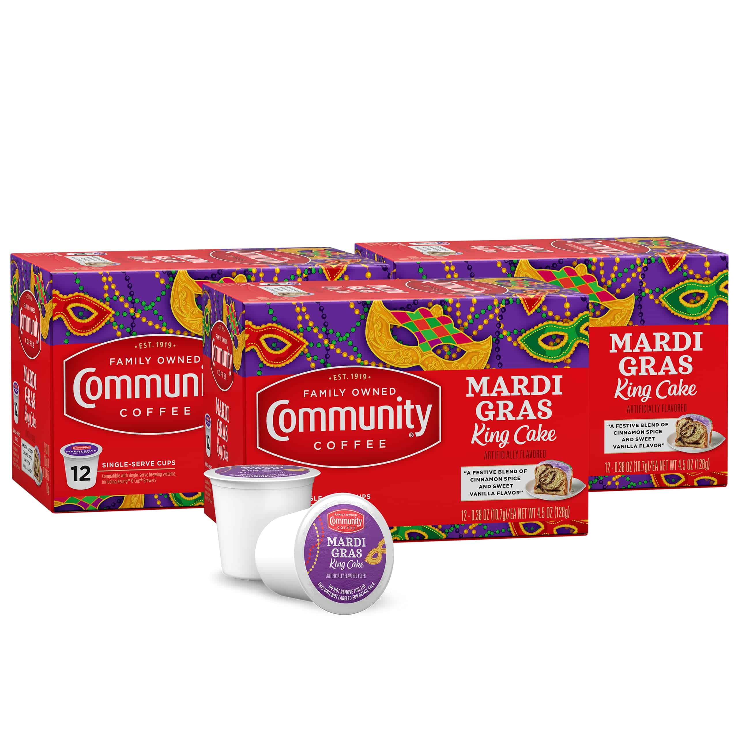 Community Coffee Mardi Gras King Cake Flavored 36 Count Coffee Pods, Medium Roast, 12 Count (Pack of 3)