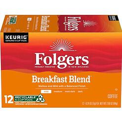Folgers Breakfast Blend Mild Roast Coffee, 72 Keurig K-Cup Pods