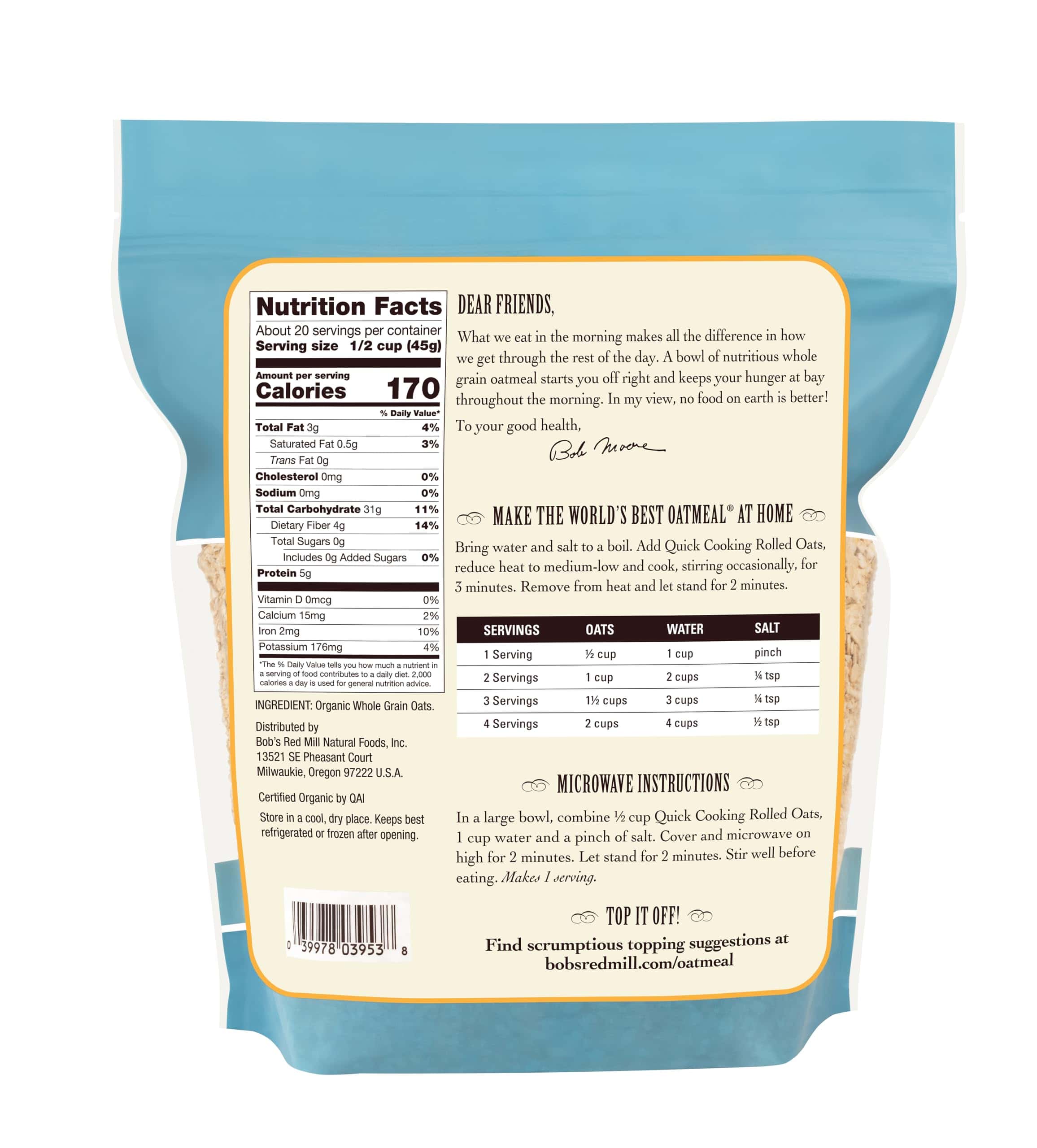 Bob's Red Mill Organic Quick Cooking Rolled Oats - 32 oz (Pack of 4)