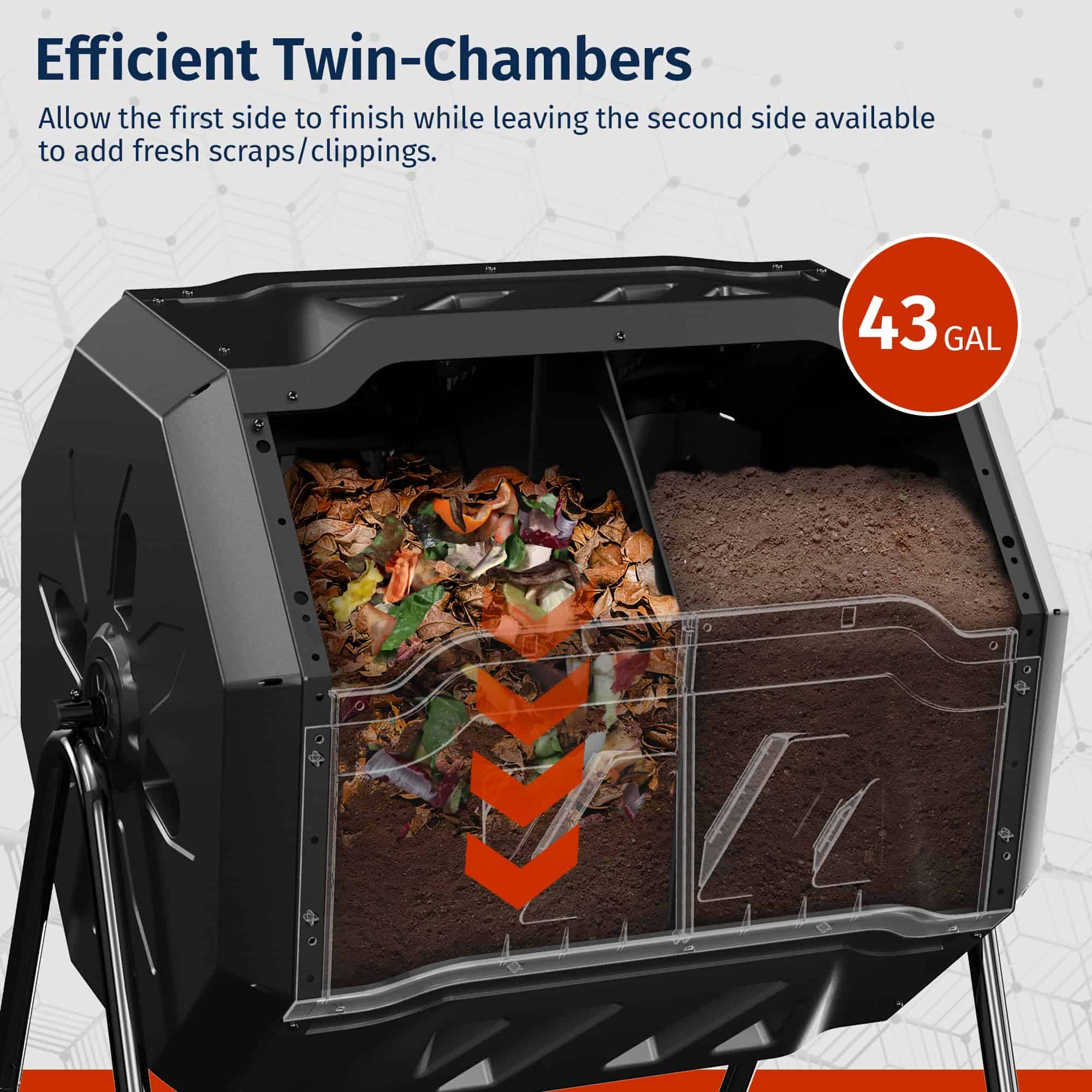 EAST OAK Compost Tumbler Outdoor, 43-Gal Dual Chamber Compost Bin with 2 Sliding Door and Aeration System