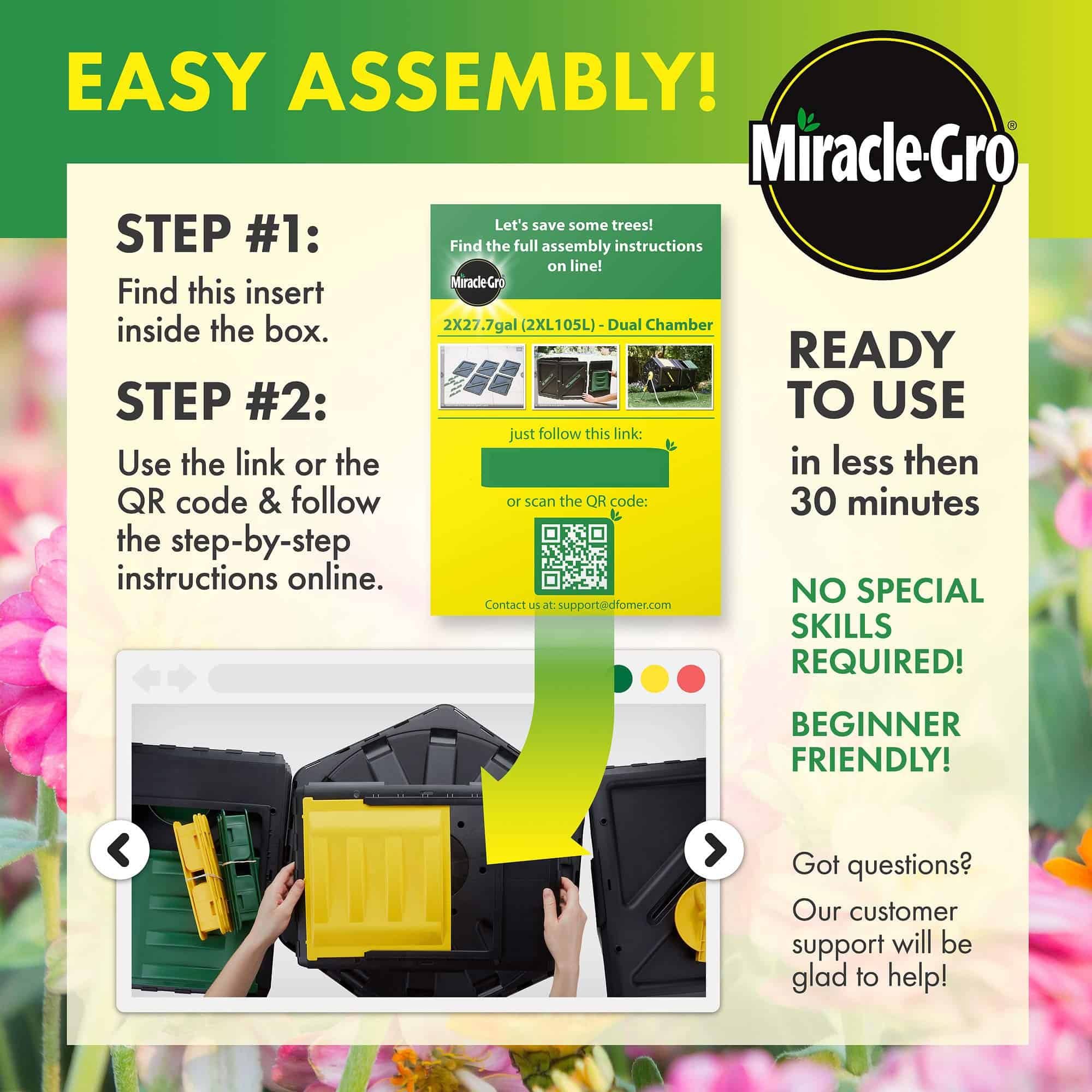 Miracle-Gro Large Dual Chamber Compost Tumbler, Easy-Turn, Fast-Working System (2 – 27.7gallon /105 Liter)