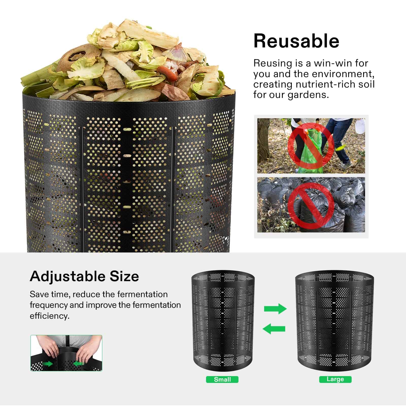 VIVOSUN 300 Gallon Outdoor Compost Bin, Expandable Composter (Black with Gloves)