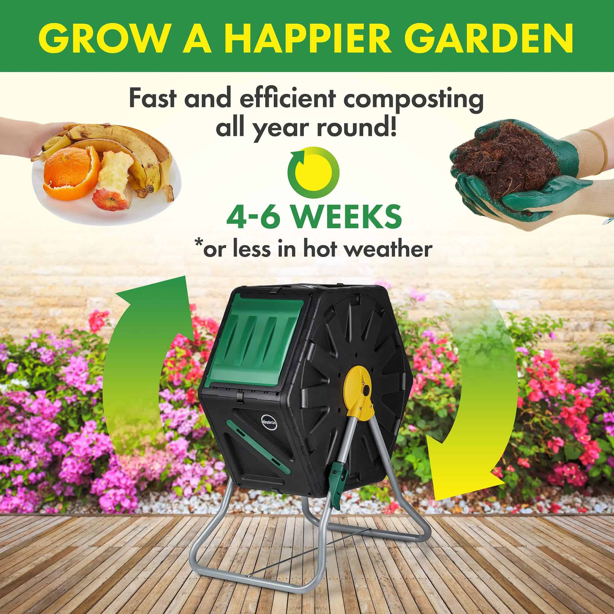 Miracle-Gro Compost Tumbler Dual Chamber, Easy-Turn Composter Tumbler Outdoor for Fast Composting (18.5 Gallon / 70 Liter)