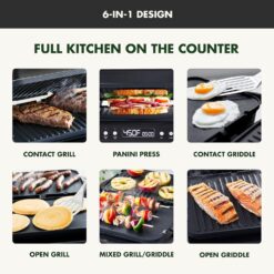 GreenPan 6-in-1 Multifunction Contact Grill & Griddle, Healthy Ceramic Nonstick Reversible Grill & Griddle Plates, Matte Black