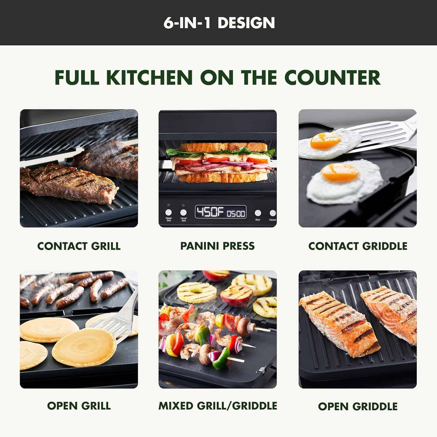 GreenPan 6-in-1 Multifunction Contact Grill & Griddle, Healthy Ceramic Nonstick Reversible Grill & Griddle Plates, Matte Black