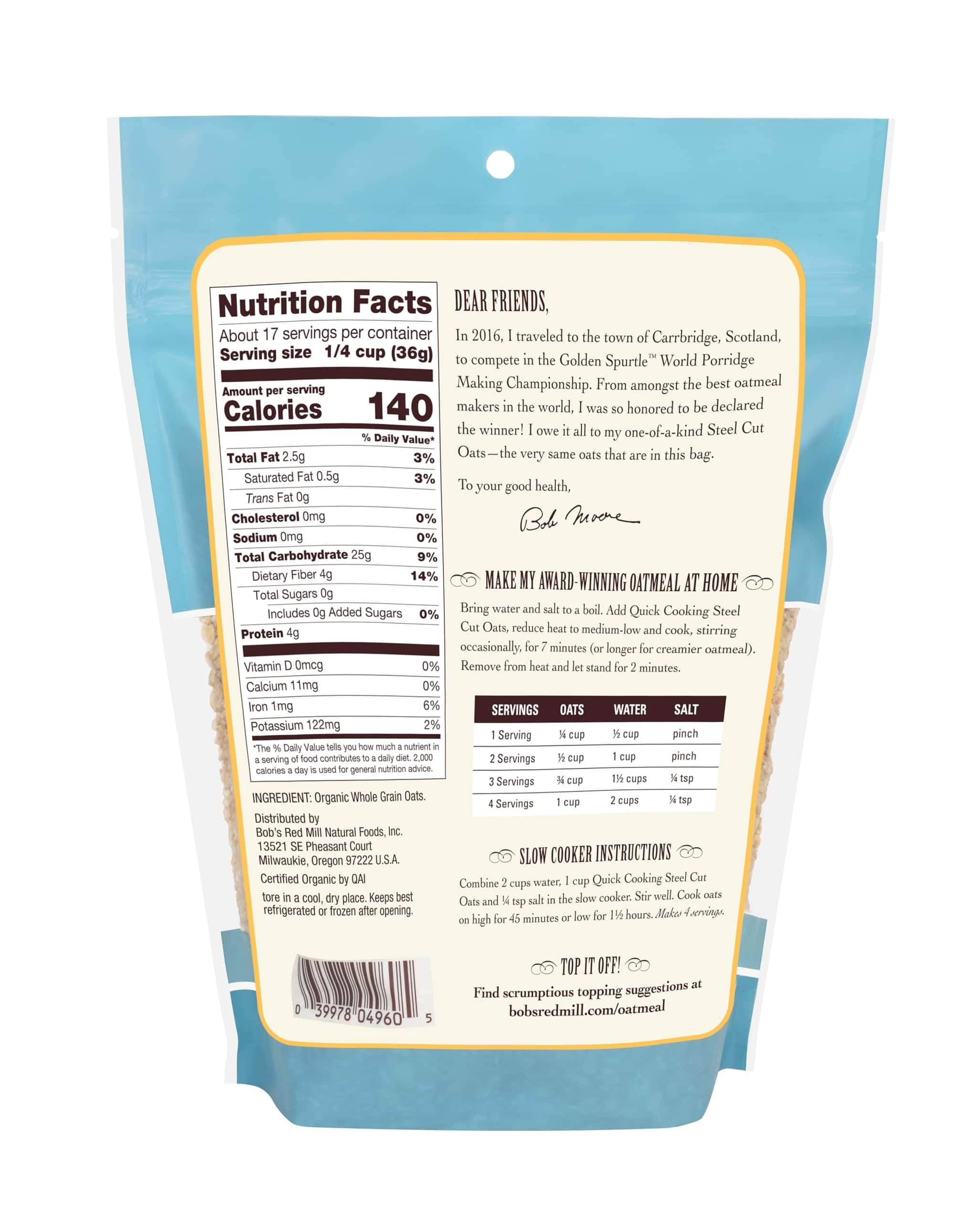 Bob's Red Mill Organic Quick Cooking Steel Cut Oats, 22-ounce (Pack of 4)