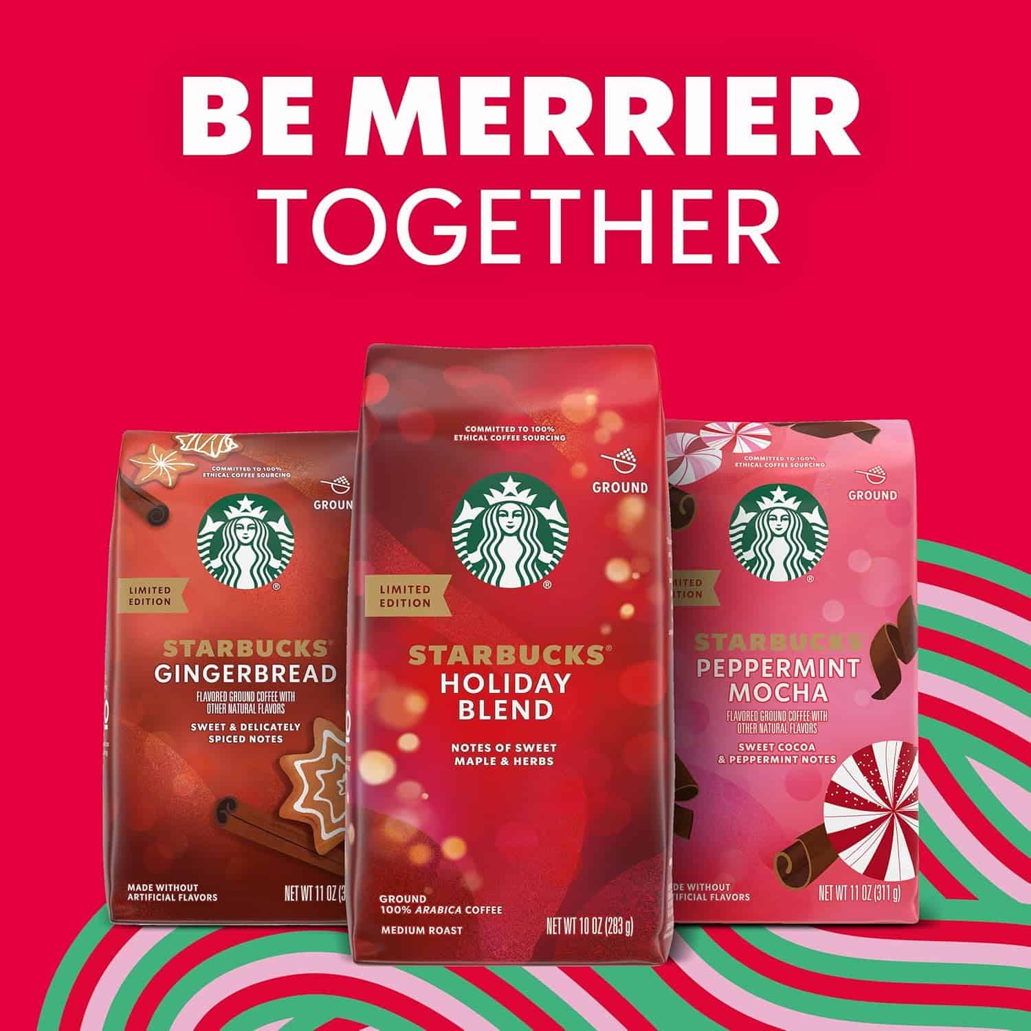 Starbucks Ground Coffee, Peppermint Mocha Naturally Flavored Coffee, Limited Edition Holiday Coffee, 6 Bags (11 Oz Each)