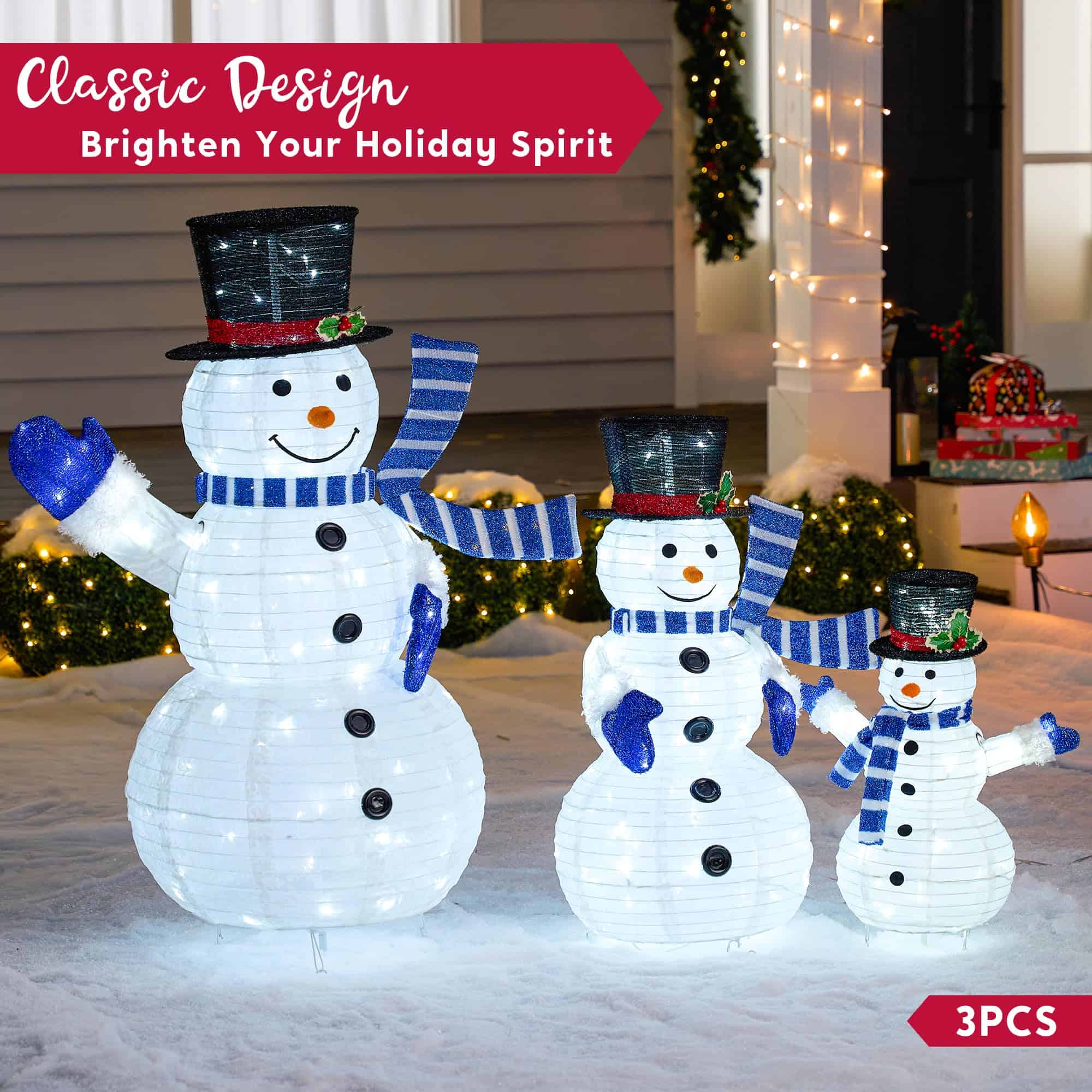 JOIEDOMI 3 Pcs 3D Christmas Collapsible Snowman Yard Light 270 Pre-Lit LED Cool White Lights for Indoor Outdoor Garden Holiday Décor