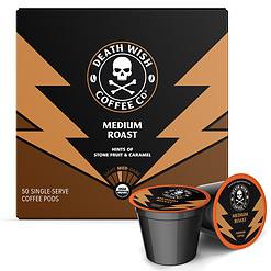 Death Wish Coffee Co. Medium Roast Single Serve Pods - Lighter Blend of Bold Arabica & Robusta Beans (50 Count)