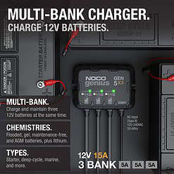 NOCO Genius GEN5X3, 3-Bank, 15A (5A/Bank) Smart Marine Battery Charger