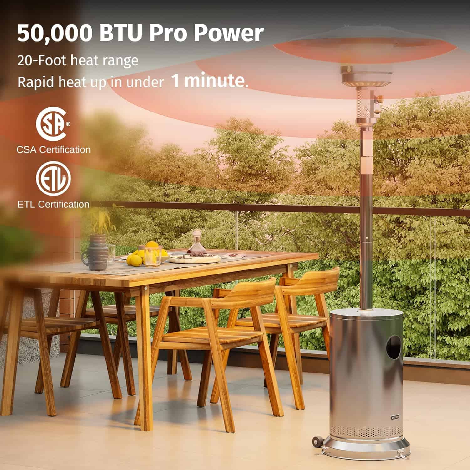 EAST OAK Anti-rust 50,000 BTU Patio Heater for Outdoor Use With Double-Layer Stainless Steel Burner, Round Table Design and Wheels, Stainless Steel