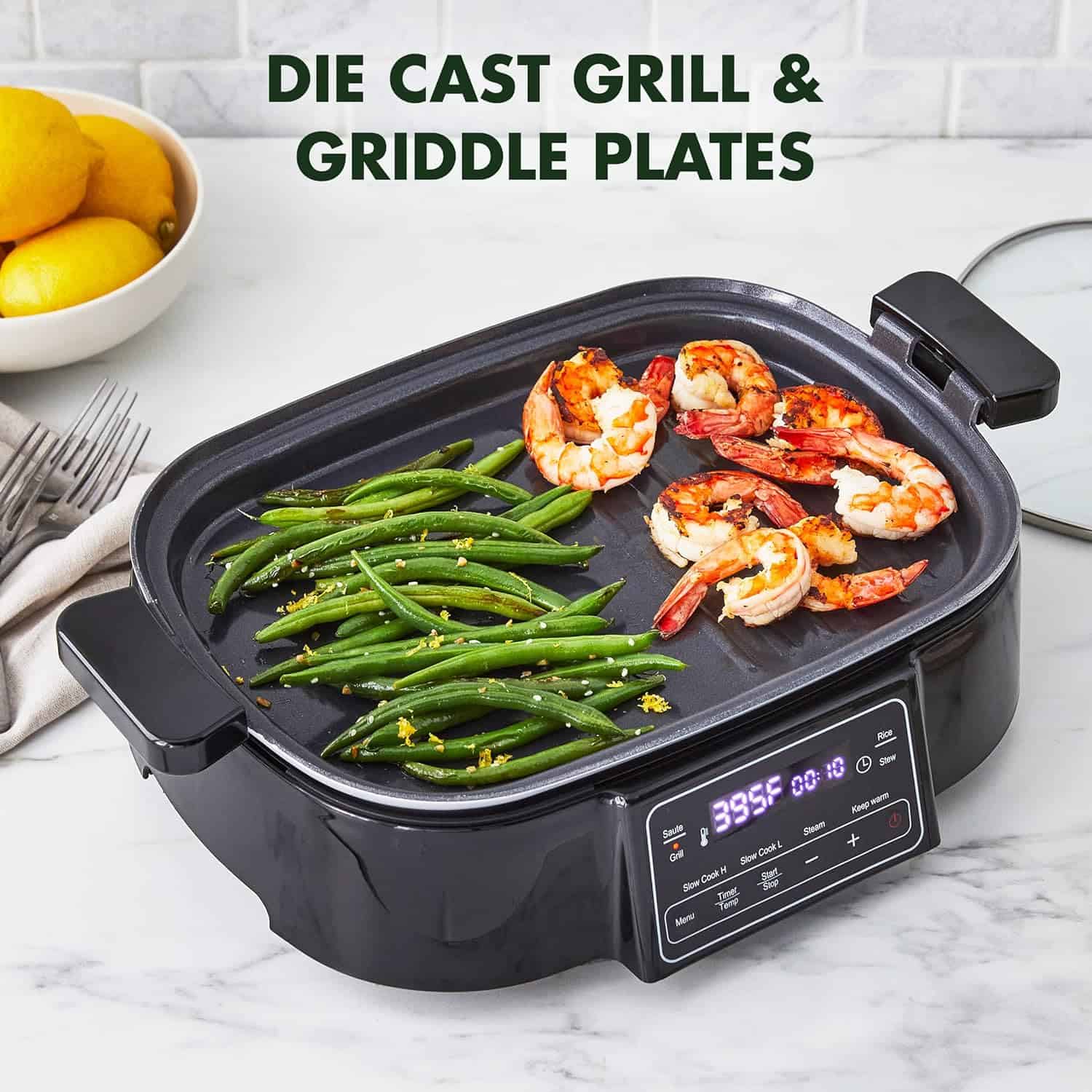 GreenPan 6.5QT Multi-Cooker Skillet Grill & Slow Cooker, 8-in-1 Presets to Saute,Steam, Grill, Stew, Stir-Fry,Heat, & Cook Rice, Matte Black
