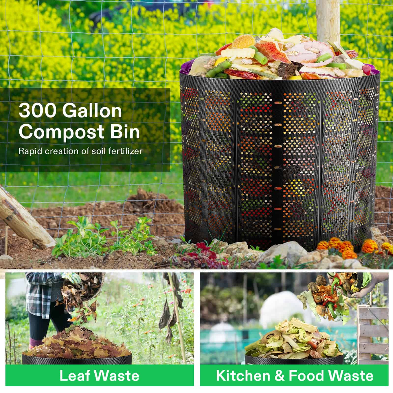 VIVOSUN 300 Gallon Outdoor Compost Bin, Expandable Composter (Black with Gloves)