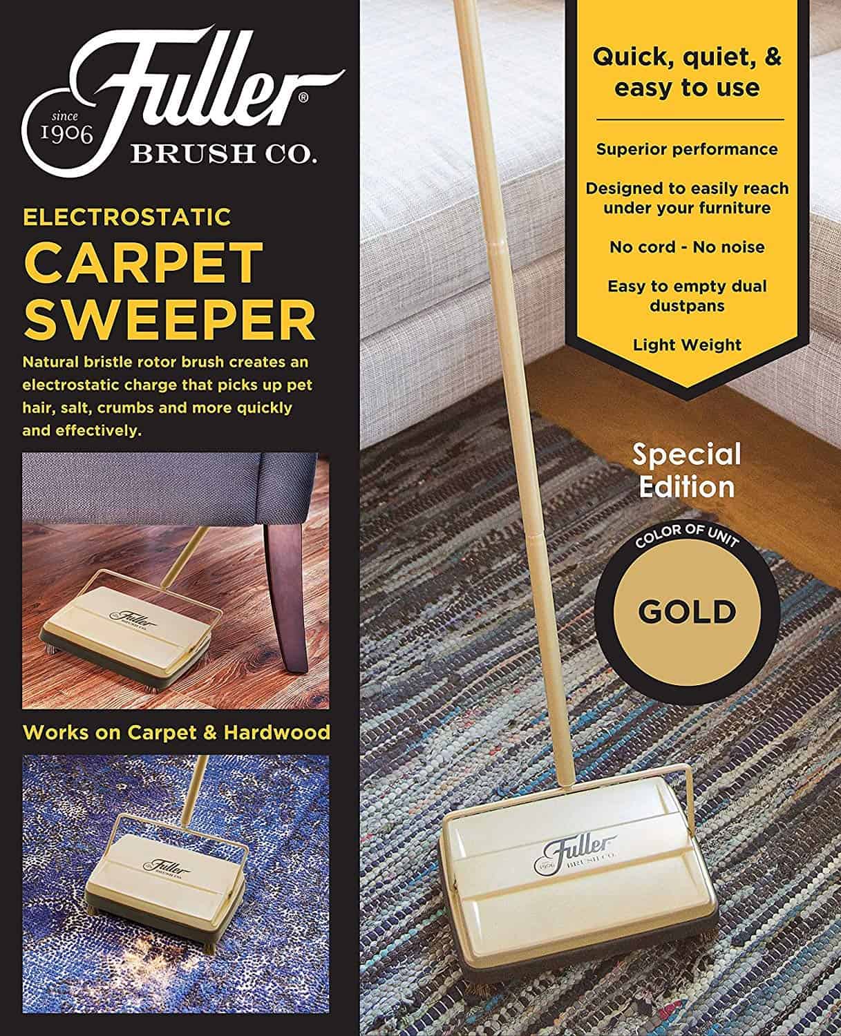 Fuller Brush Electrostatic Carpet & Floor Sweeper - 9" Cleaning Path - Lightweight - Ideal for Crumby Messes - Gold