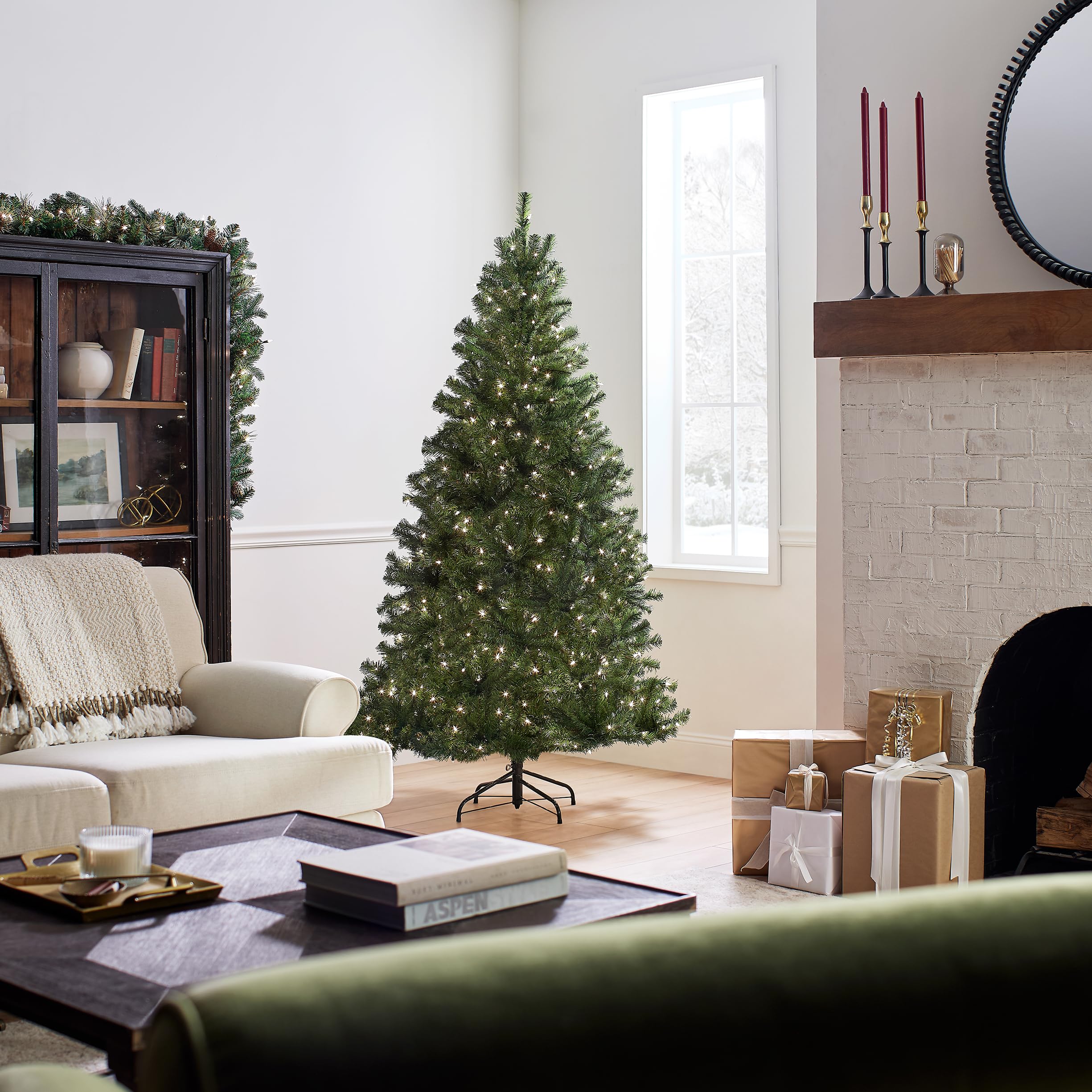 National Tree Company Pre-Lit Artificial Full Christmas Tree, Green, North Valley Spruce, White Lights, Includes Stand, 6.5 Feet